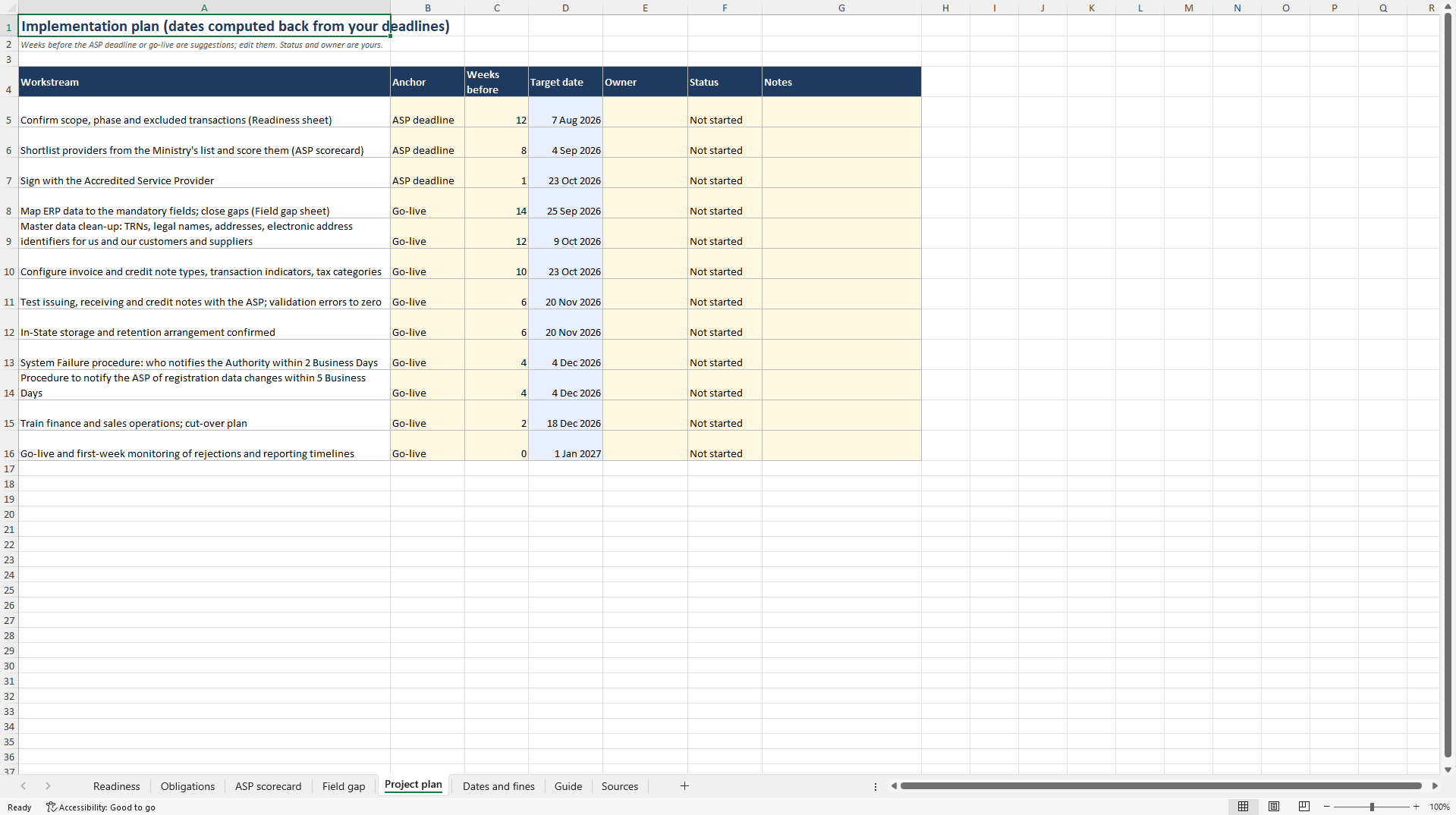 UAE e-Invoicing Readiness: Phases, Deadlines, ASP Scoring (Excel template (XLSX)) Preview Image