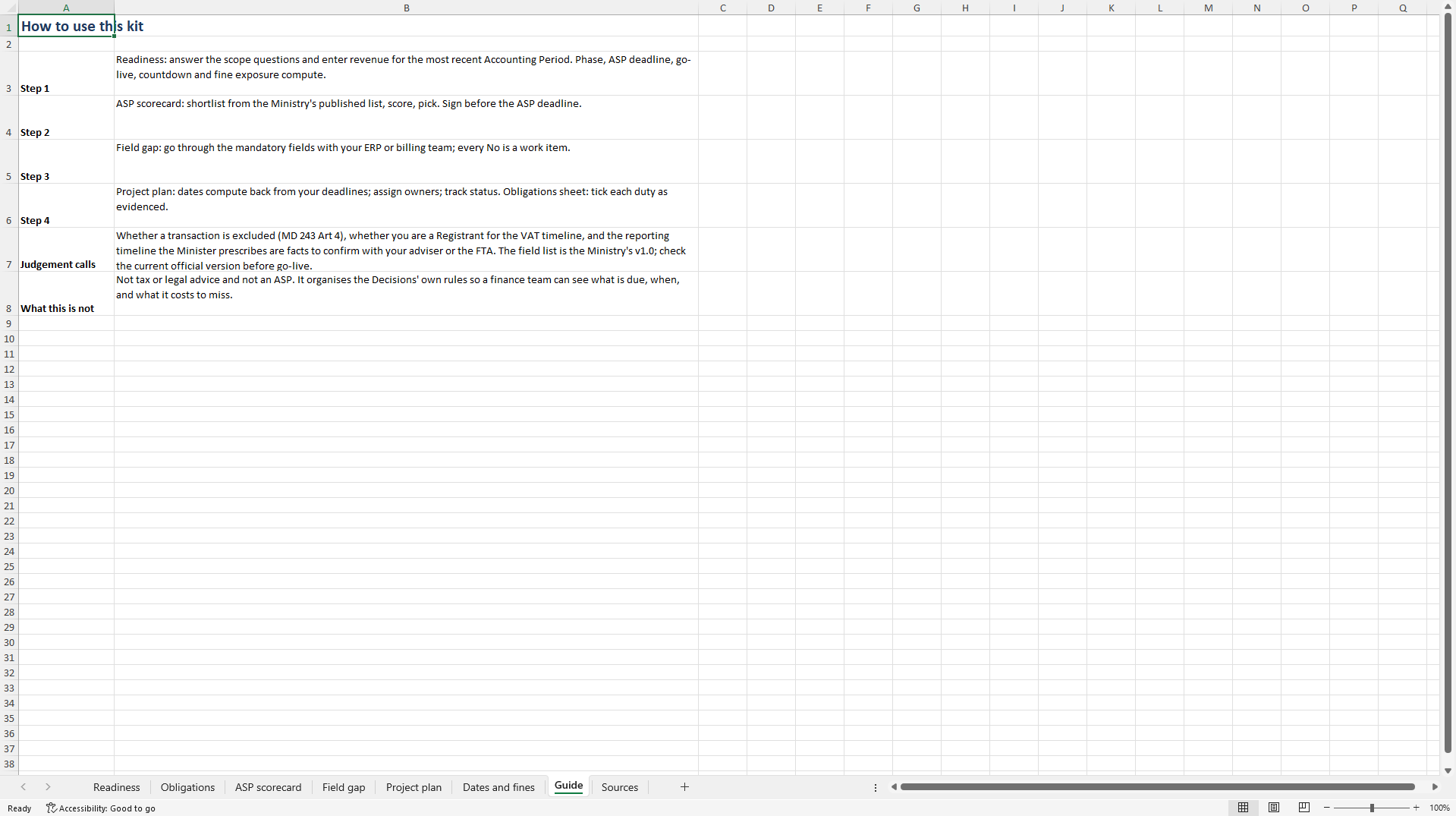 UAE e-Invoicing Readiness: Phases, Deadlines, ASP Scoring (Excel template (XLSX)) Preview Image
