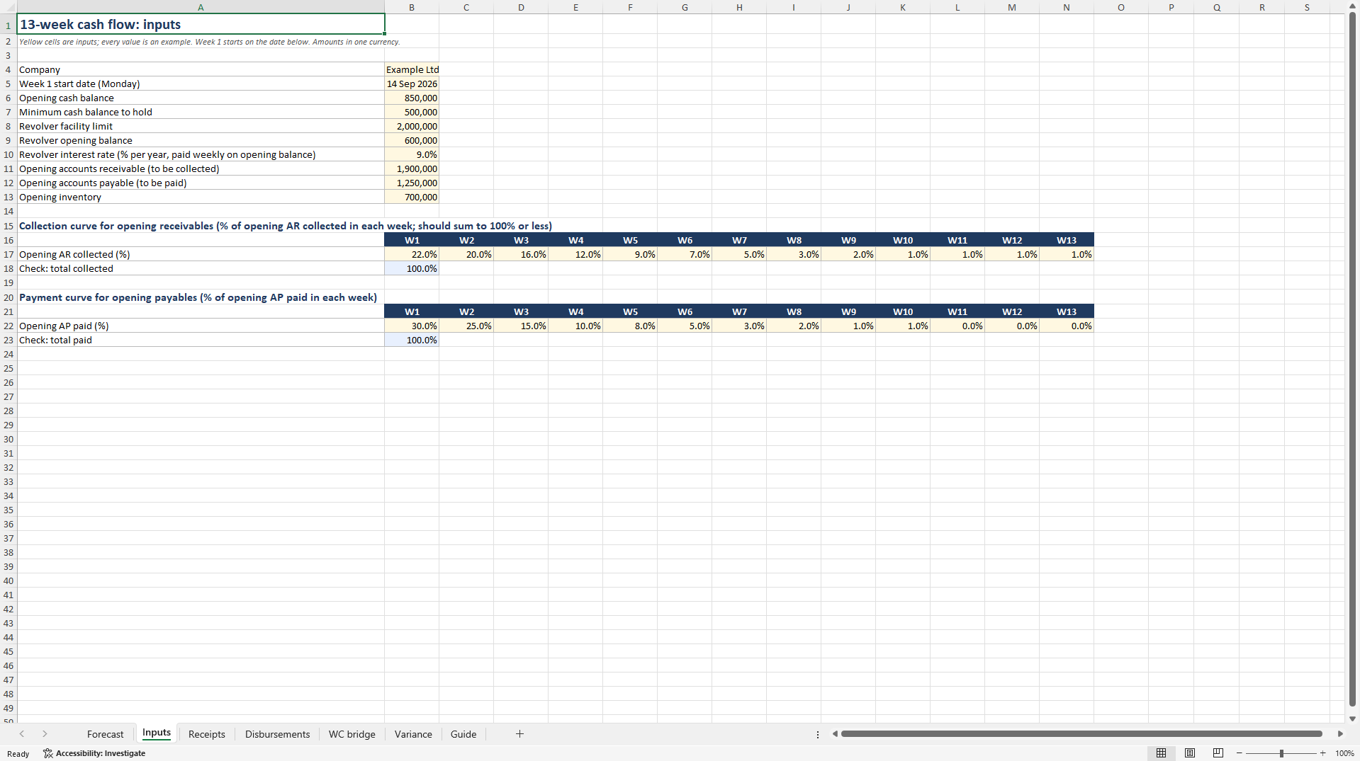 13-Week Direct Cash Flow Forecast: Revolver, Working Capital (Excel template (XLSX)) Preview Image