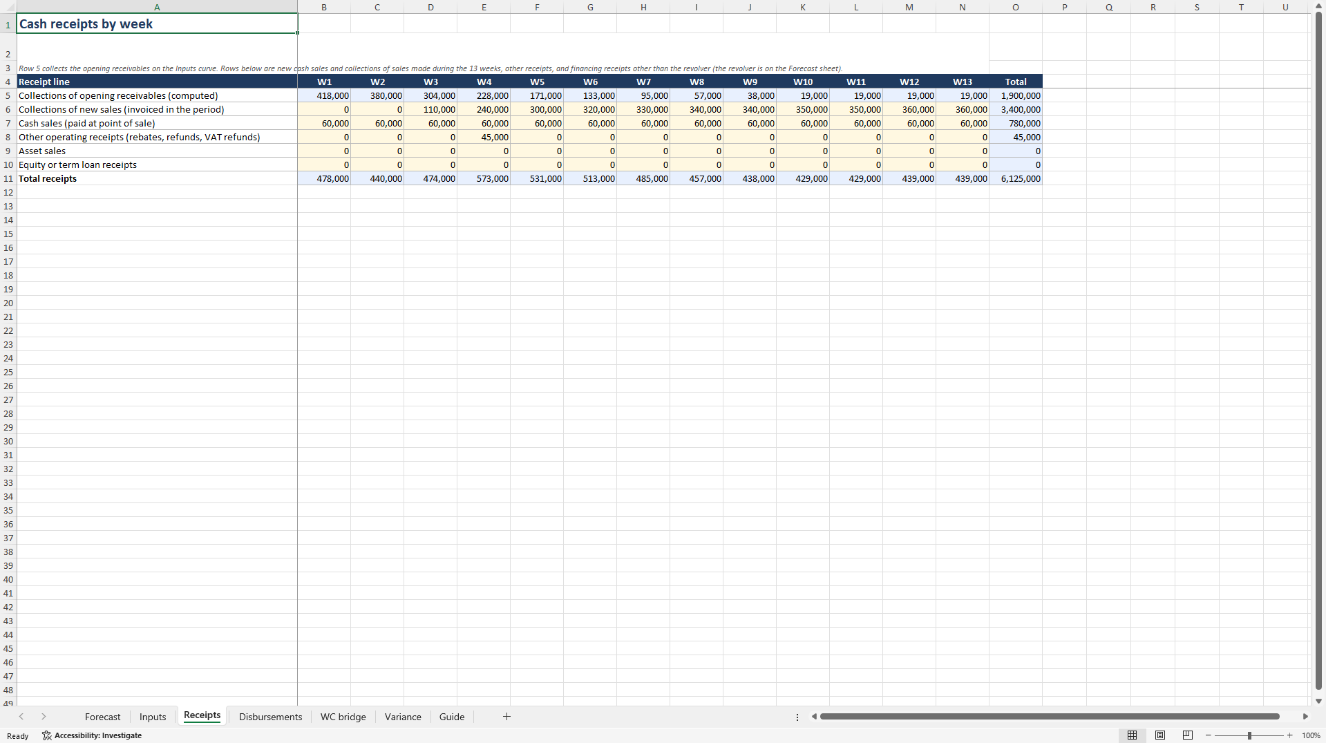 13-Week Direct Cash Flow Forecast: Revolver, Working Capital (Excel template (XLSX)) Preview Image