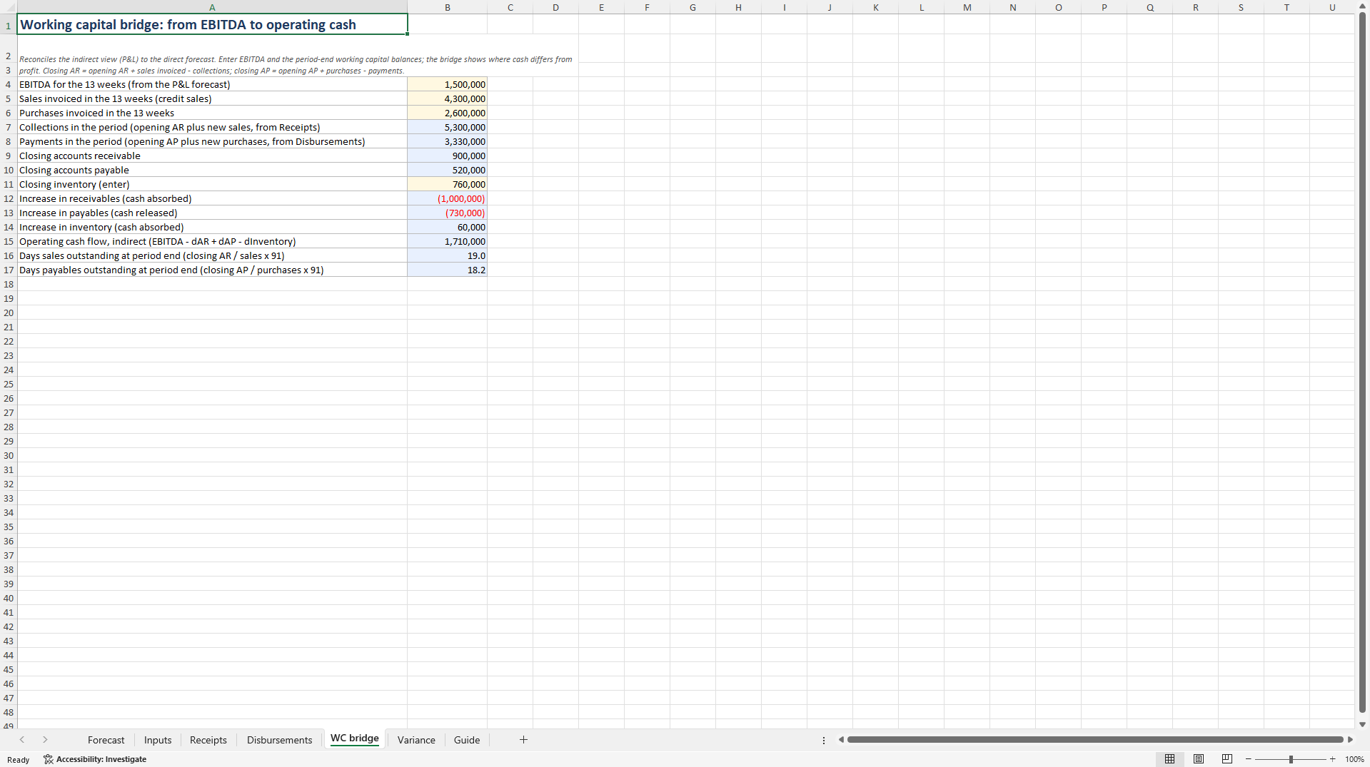 13-Week Direct Cash Flow Forecast: Revolver, Working Capital (Excel template (XLSX)) Preview Image