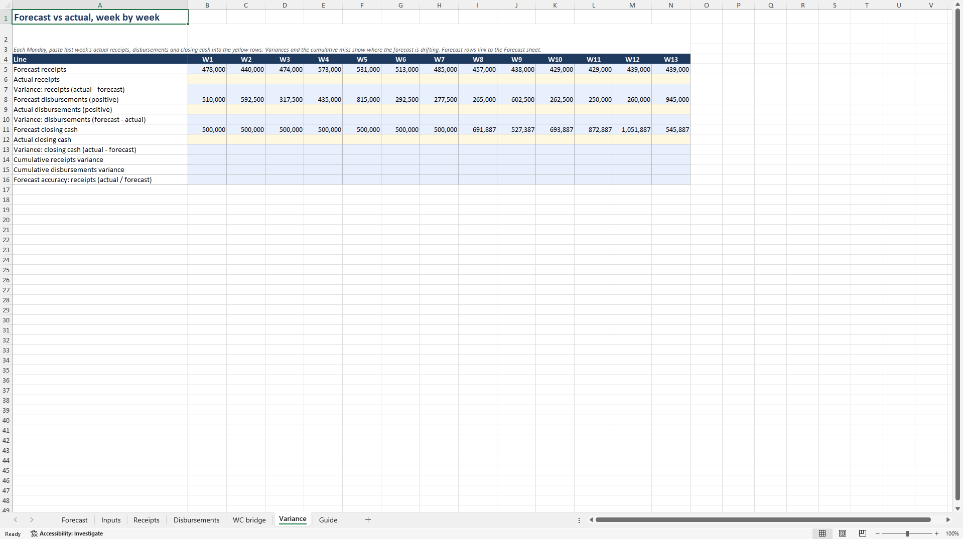 13-Week Direct Cash Flow Forecast: Revolver, Working Capital (Excel template (XLSX)) Preview Image