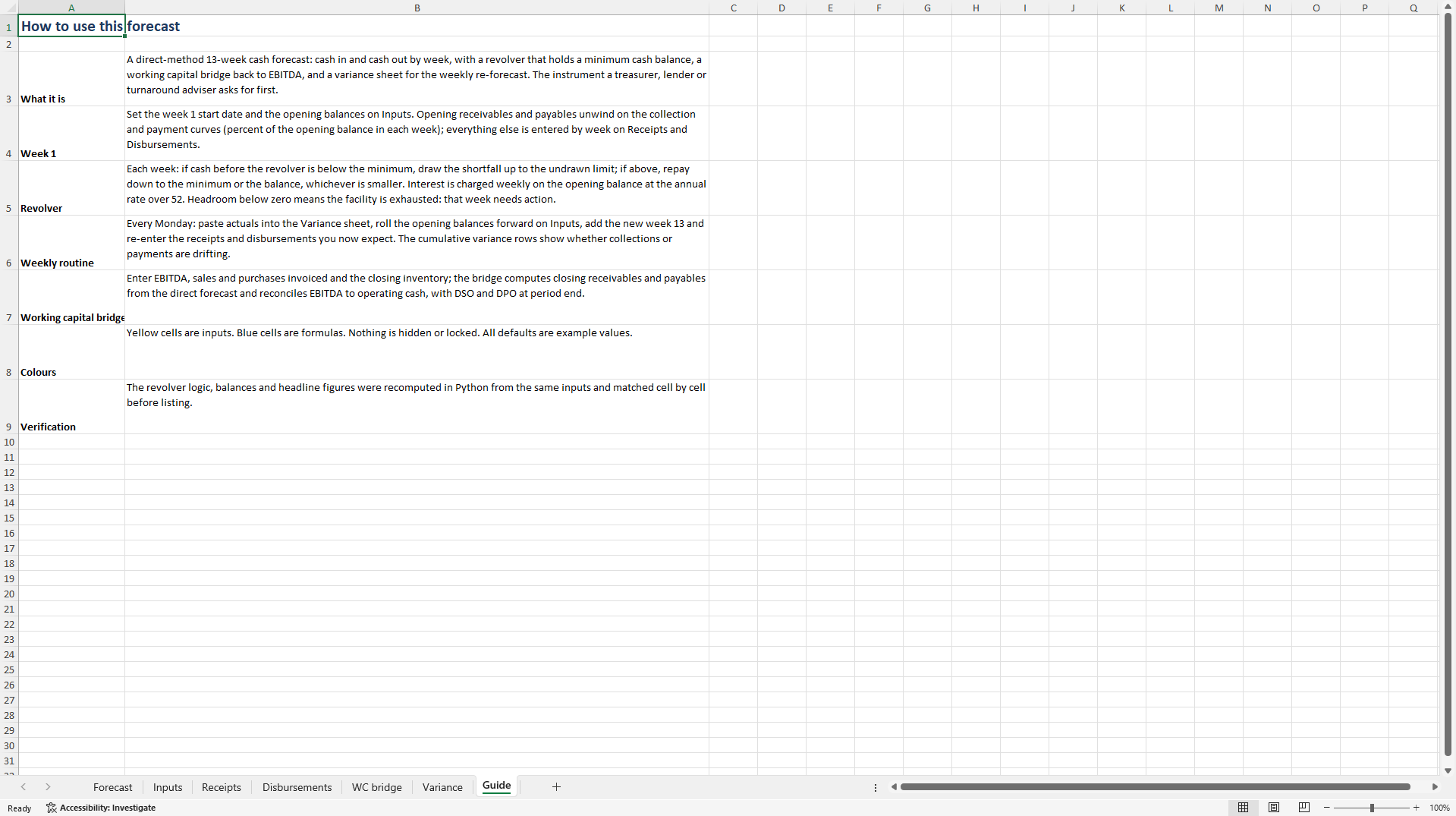 13-Week Direct Cash Flow Forecast: Revolver, Working Capital (Excel template (XLSX)) Preview Image