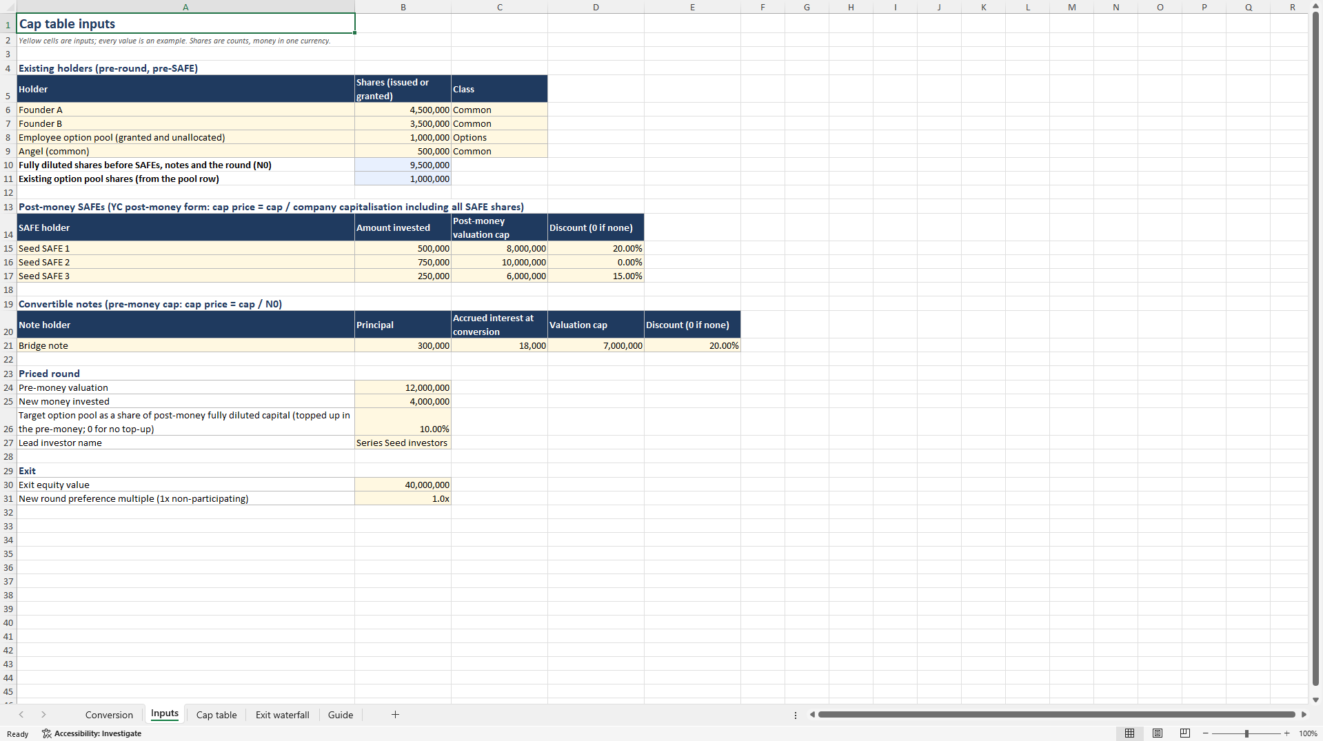 Cap Table with SAFE & Convertible Note: Option Pool (Excel template (XLSX)) Preview Image