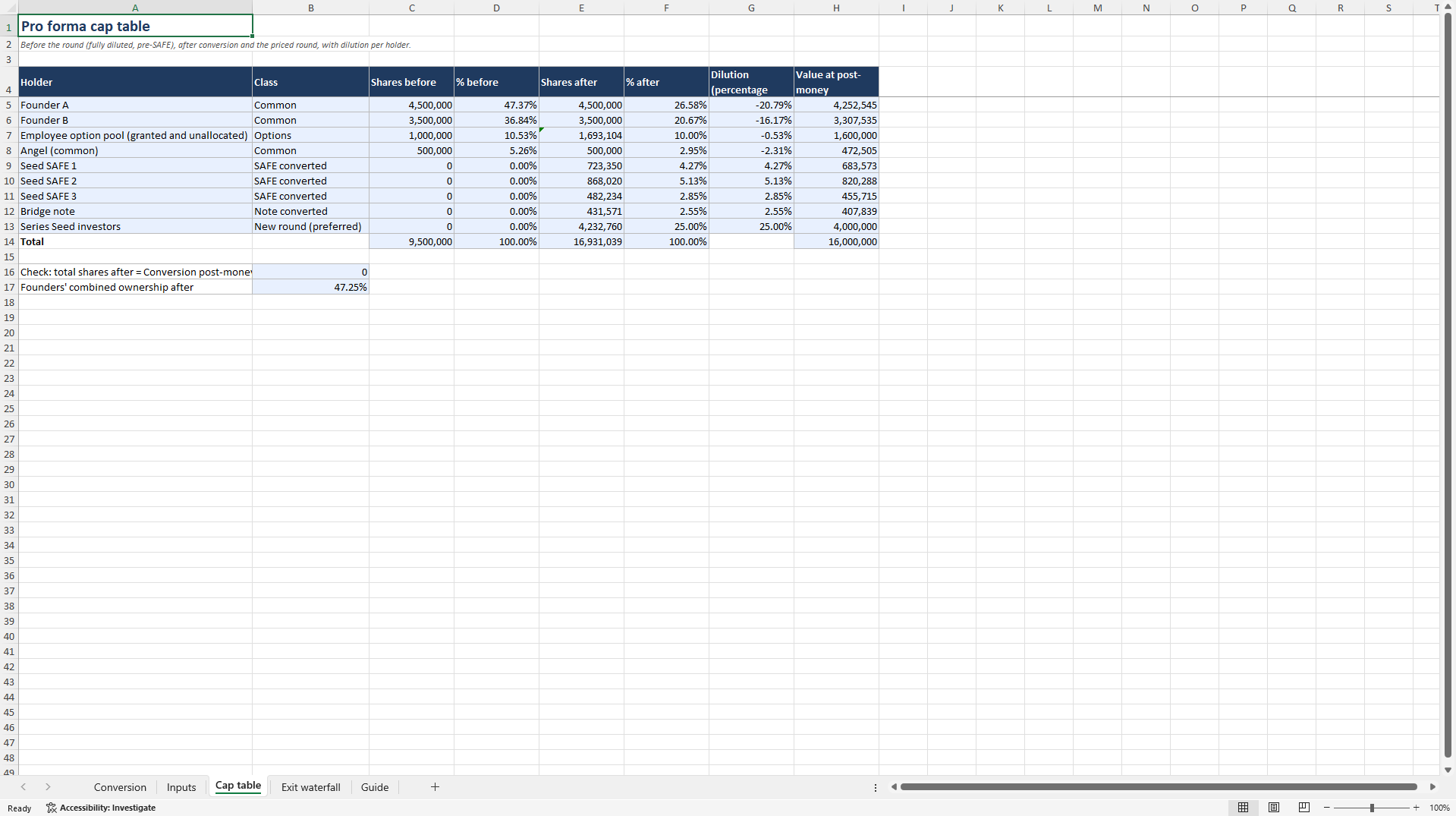Cap Table with SAFE & Convertible Note: Option Pool (Excel template (XLSX)) Preview Image