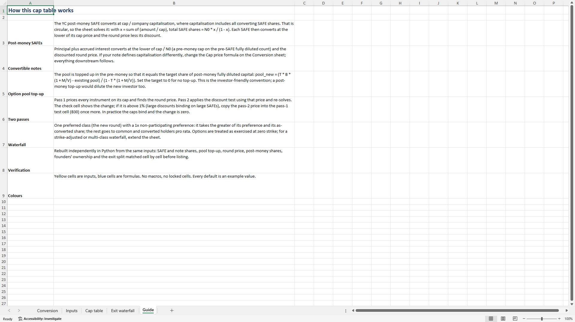 Cap Table with SAFE & Convertible Note: Option Pool (Excel template (XLSX)) Preview Image