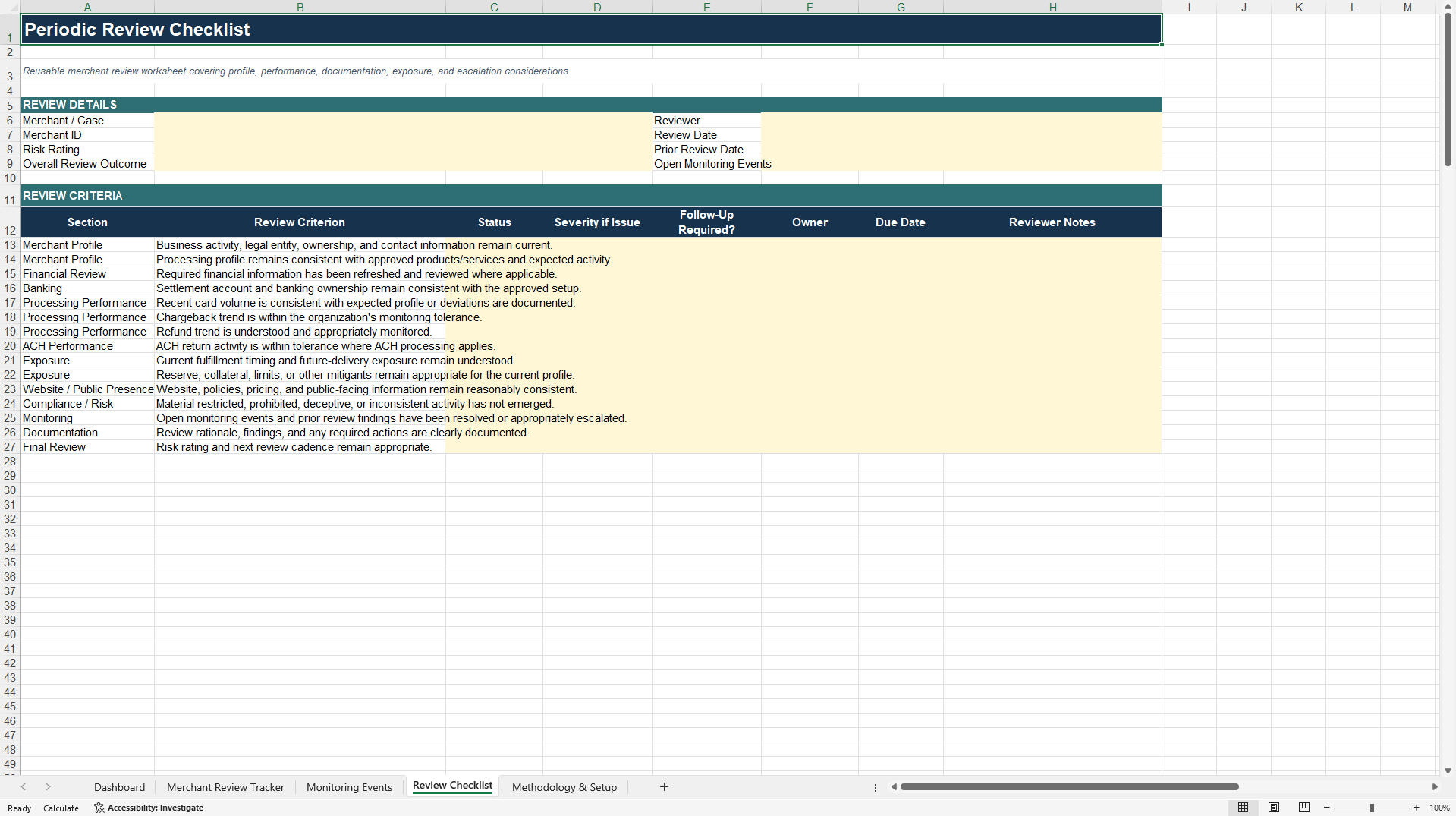 Merchant Periodic Review and Monitoring Tracker (Excel template (XLSX)) Preview Image