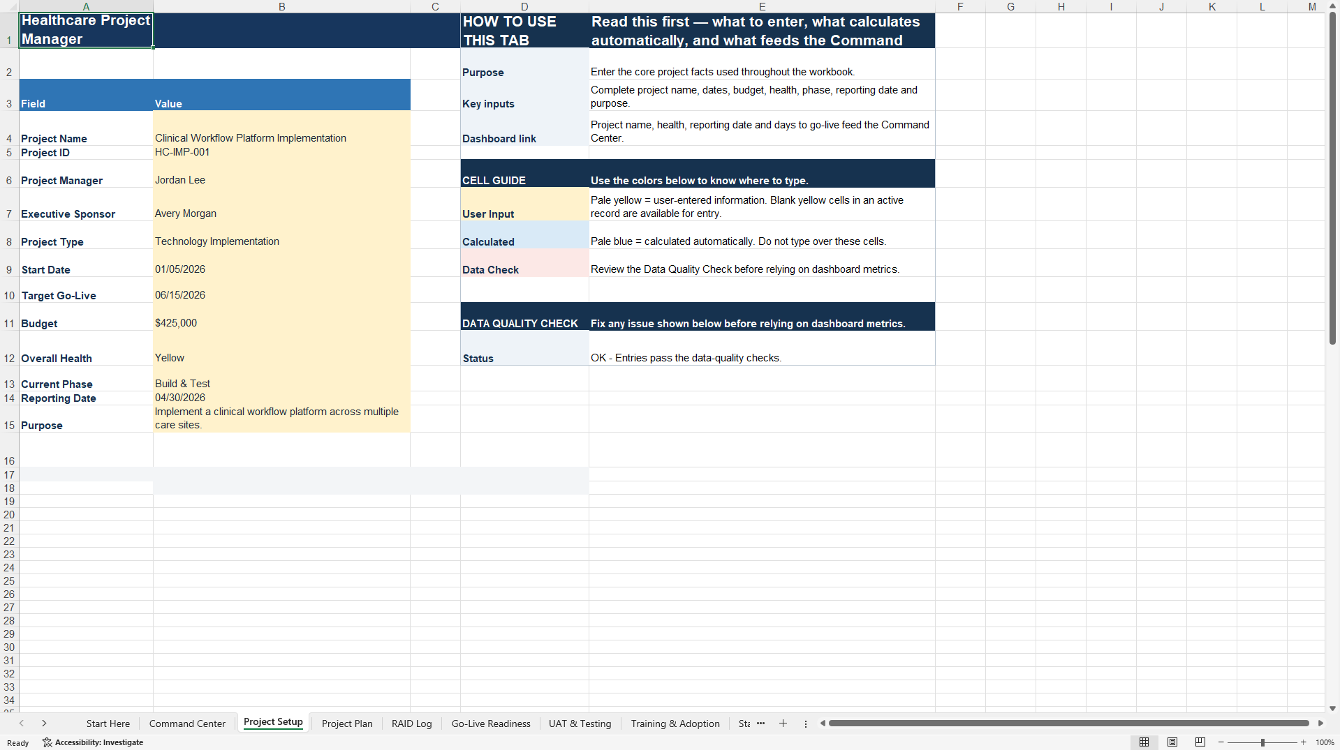 Healthcare Project Manager Command Center (Excel template (XLSX)) Preview Image