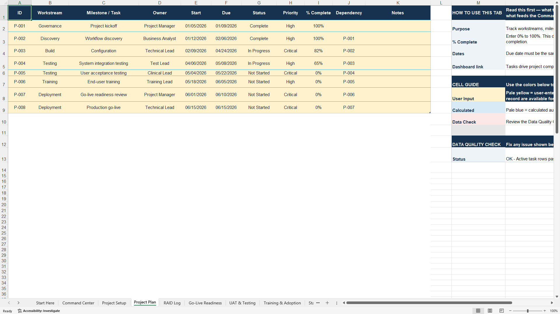 Healthcare Project Manager Command Center (Excel template (XLSX)) Preview Image