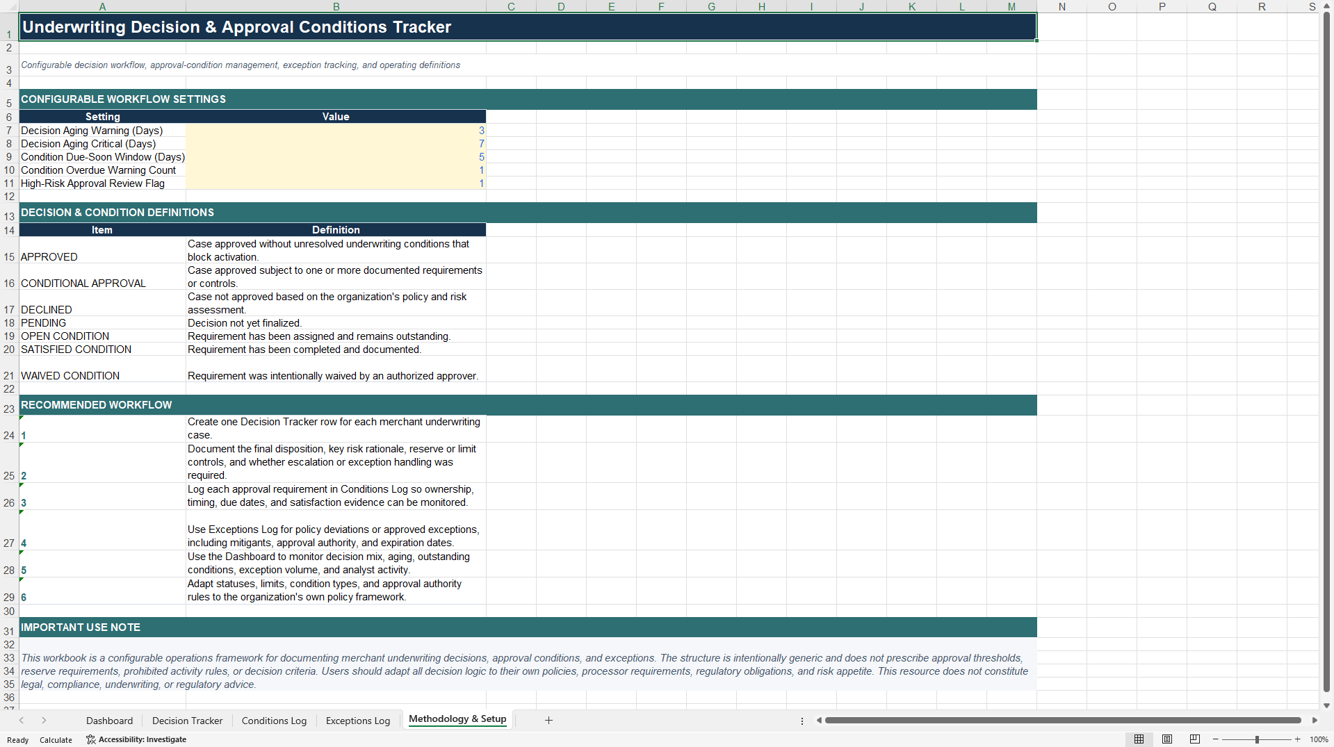 Underwriting Decision and Approval Conditions Tracker (Excel template (XLSX)) Preview Image