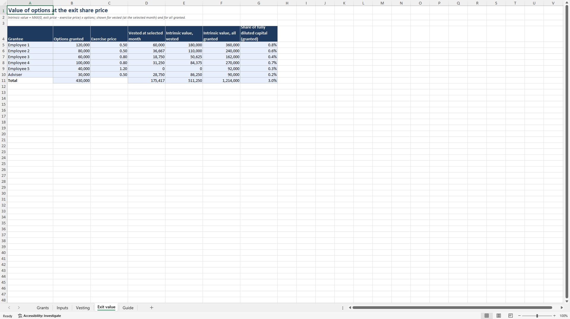 ESOP & Option Pool Model: Vesting, IFRS 2 Graded Vesting (Excel template (XLSX)) Preview Image