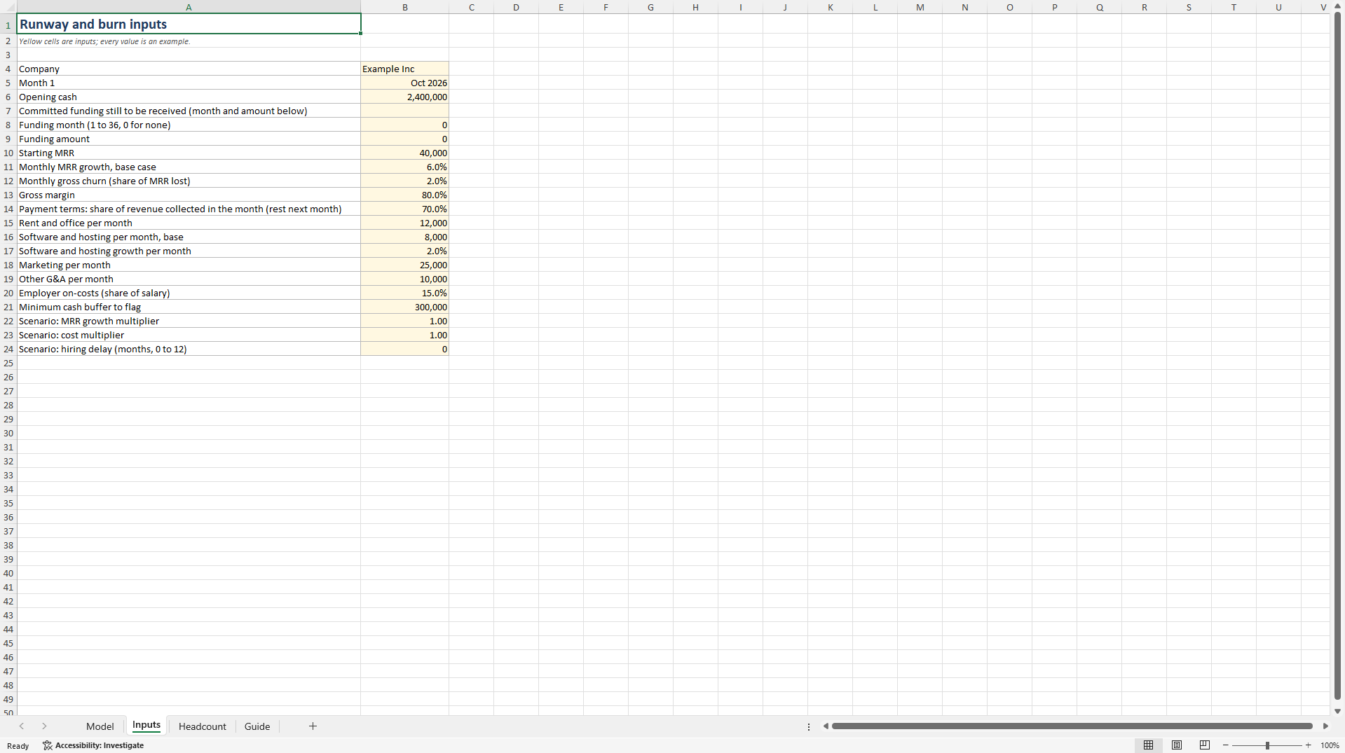 Startup Runway & Burn Model: 36-mo Headcount, Cash Runway (Excel template (XLSX)) Preview Image