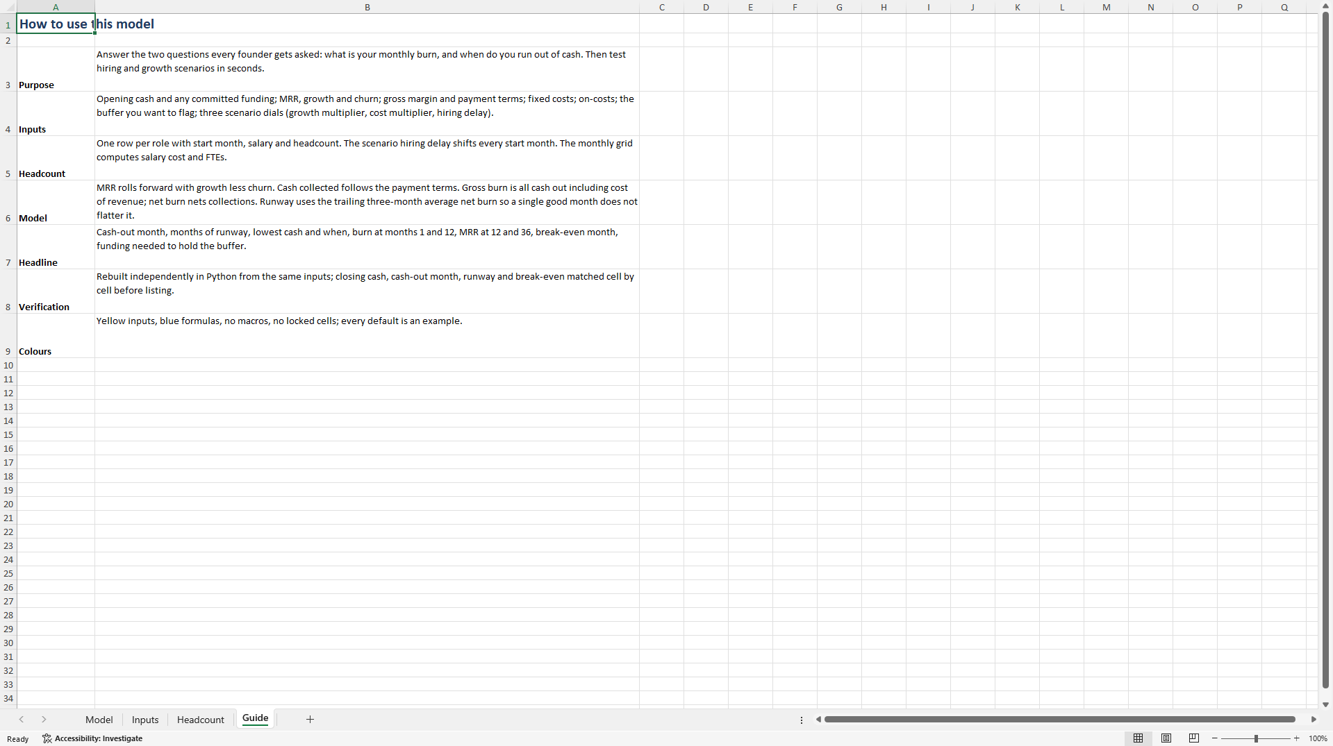 Startup Runway & Burn Model: 36-mo Headcount, Cash Runway (Excel template (XLSX)) Preview Image