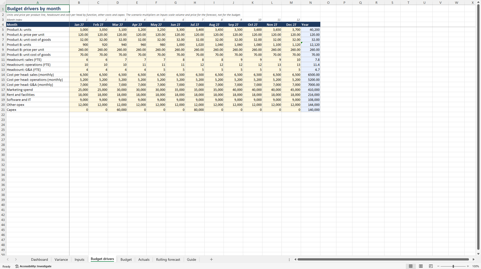 FP&A Budget vs. Actual & Rolling Forecast: Driver-Based (Excel template (XLSX)) Preview Image