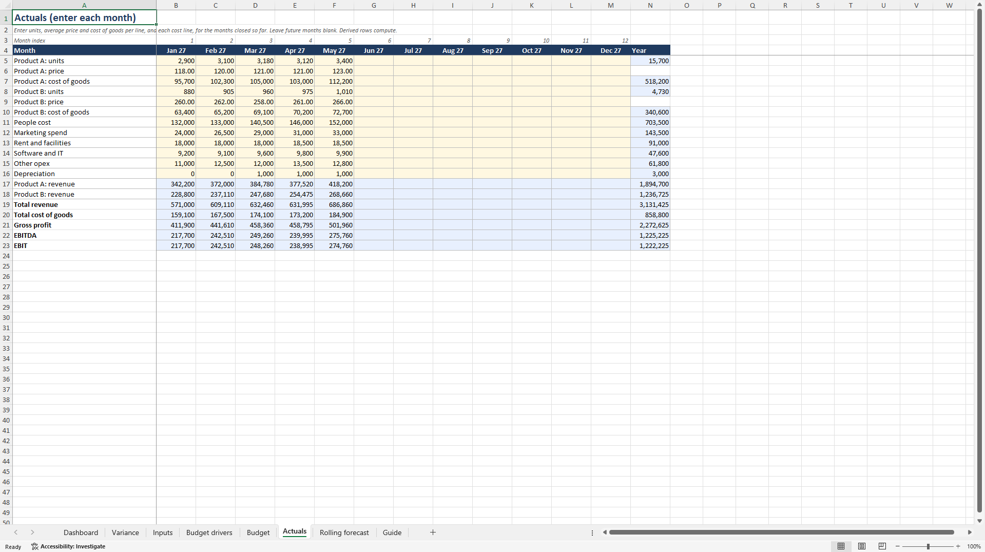 FP&A Budget vs. Actual & Rolling Forecast: Driver-Based (Excel template (XLSX)) Preview Image
