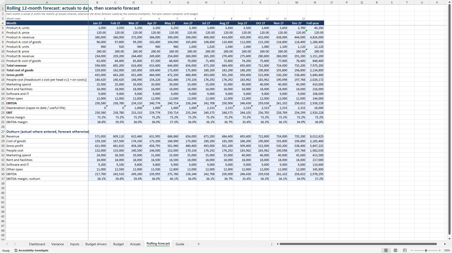 FP&A Budget vs. Actual & Rolling Forecast: Driver-Based (Excel template (XLSX)) Preview Image