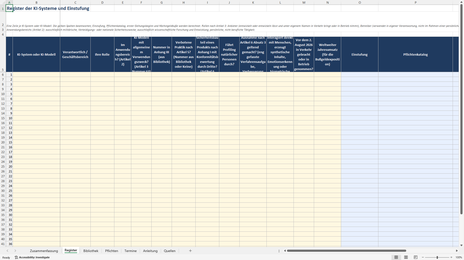 EU KI-Verordnung Pflichten-Arbeitsmappe: KI-Register (Excel template (XLSX)) Preview Image