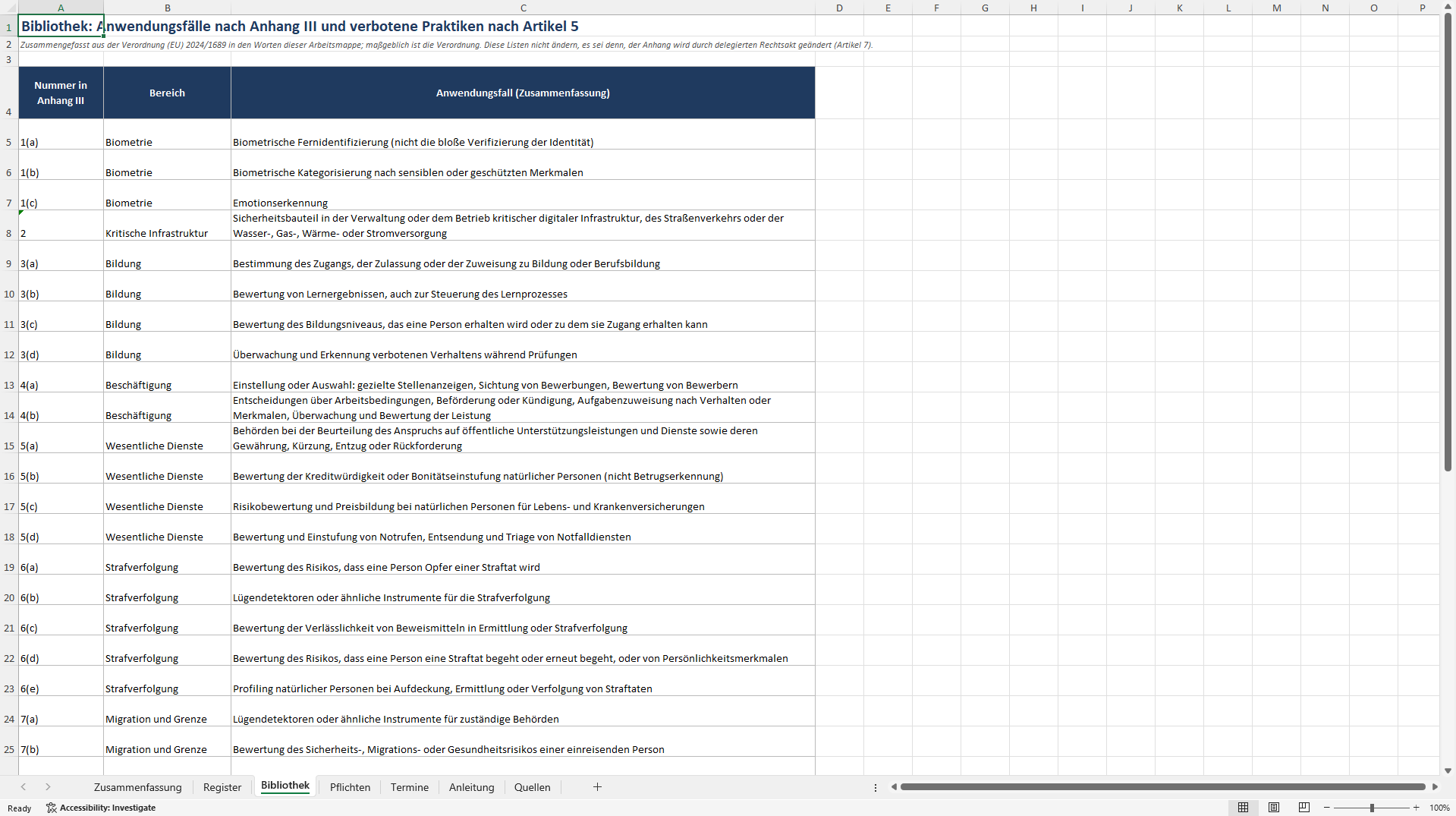 EU KI-Verordnung Pflichten-Arbeitsmappe: KI-Register (Excel template (XLSX)) Preview Image