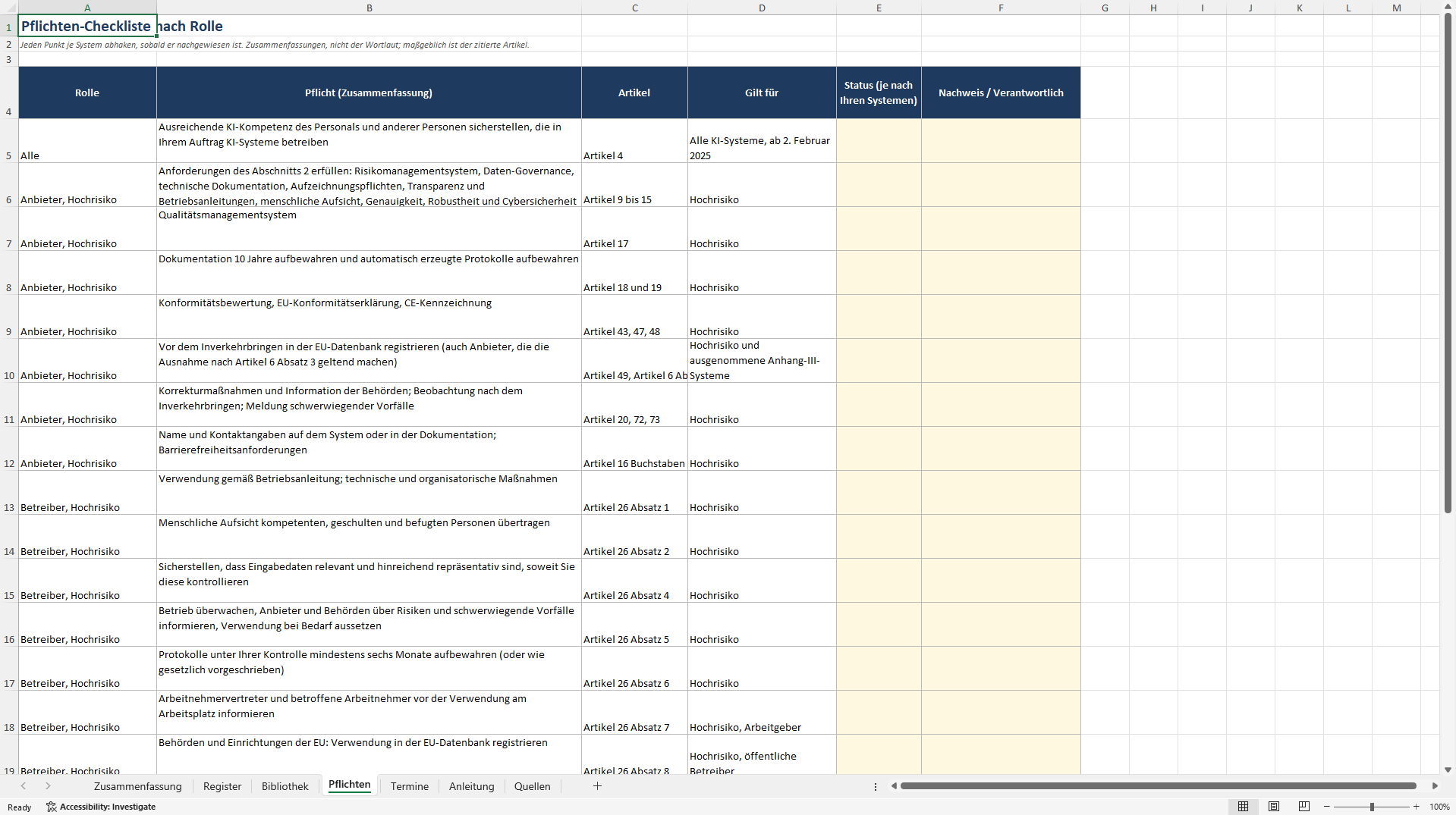 EU KI-Verordnung Pflichten-Arbeitsmappe: KI-Register (Excel template (XLSX)) Preview Image