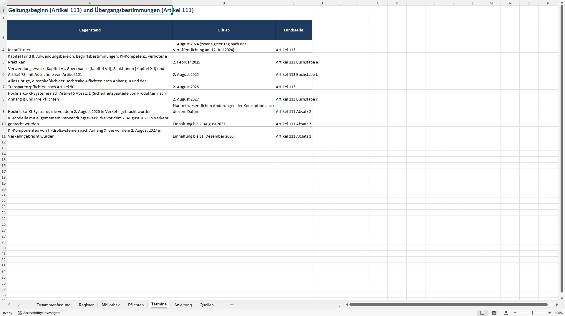 EU KI-Verordnung Pflichten-Arbeitsmappe: KI-Register (Excel template (XLSX)) Preview Image