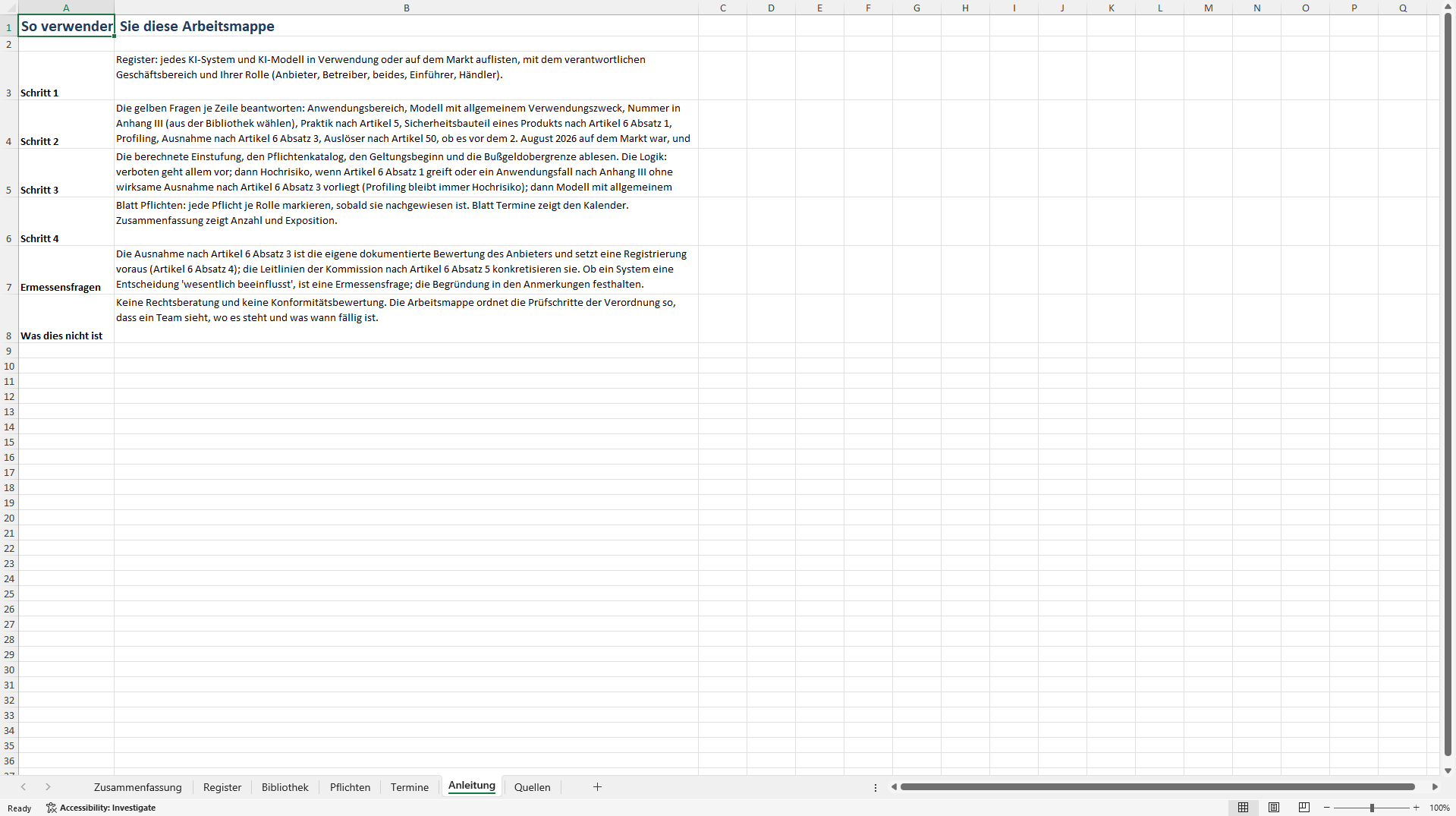 EU KI-Verordnung Pflichten-Arbeitsmappe: KI-Register (Excel template (XLSX)) Preview Image