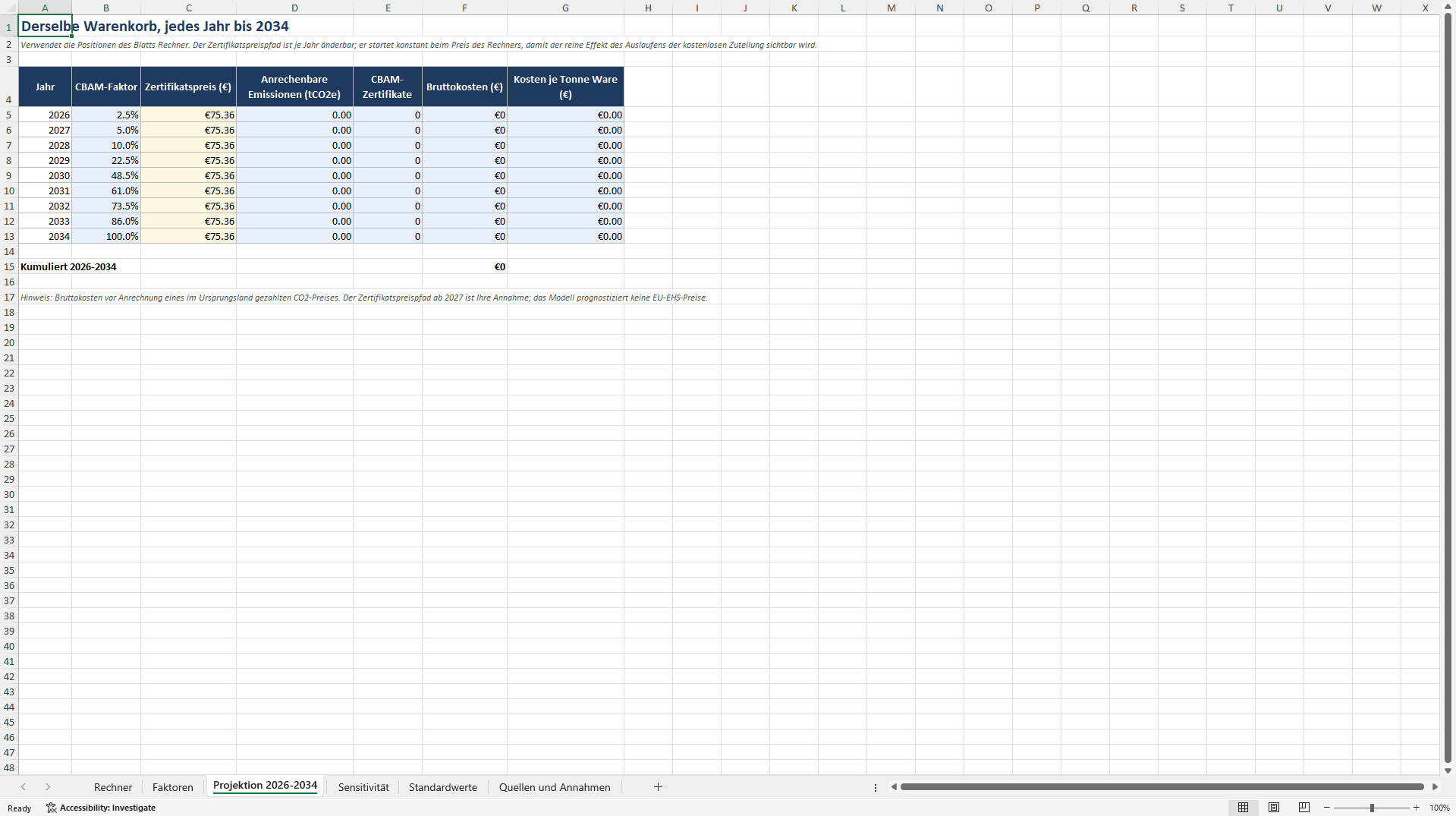 CBAM Kostenrechner 2026-2034: CBAM-Zertifikate je Einfuhr (Excel template (XLSX)) Preview Image