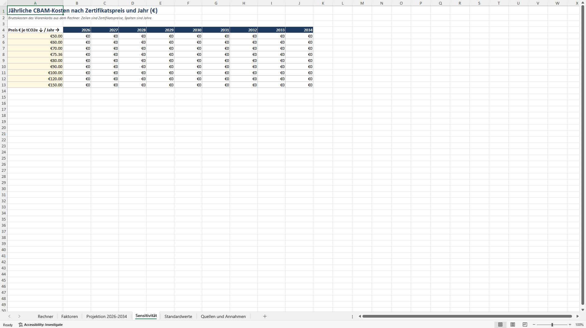 CBAM Kostenrechner 2026-2034: CBAM-Zertifikate je Einfuhr (Excel template (XLSX)) Preview Image