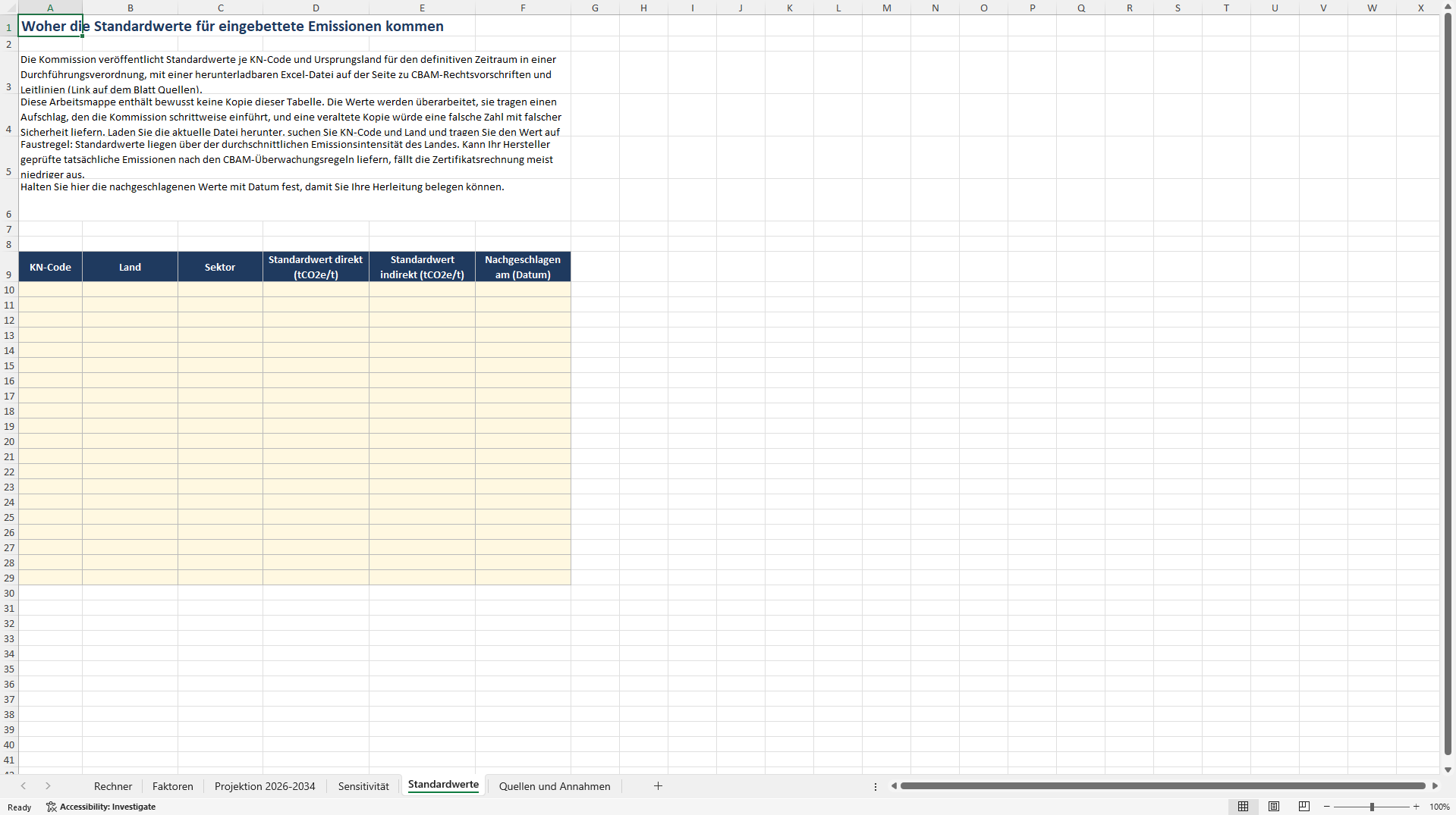 CBAM Kostenrechner 2026-2034: CBAM-Zertifikate je Einfuhr (Excel template (XLSX)) Preview Image