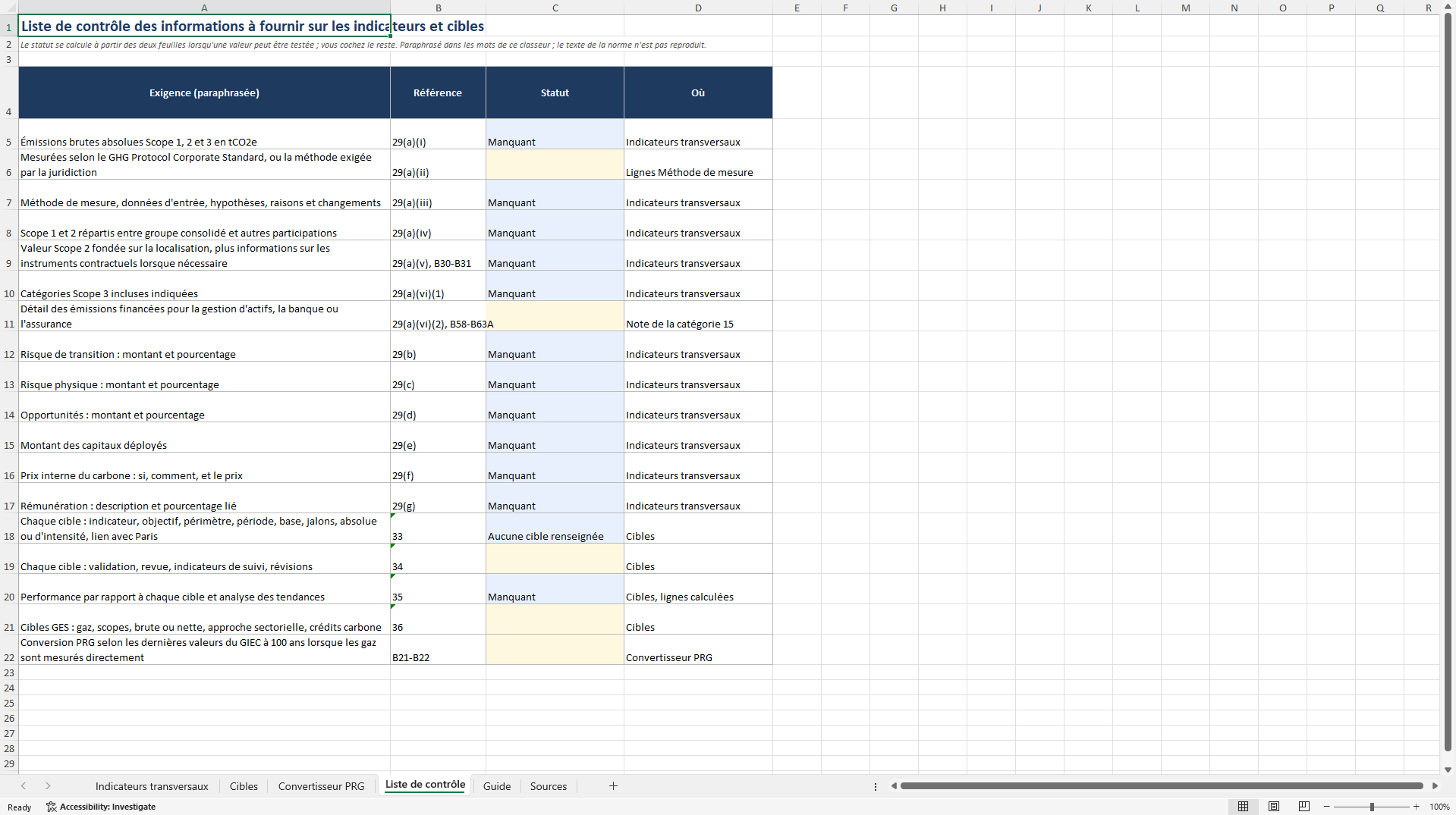 IFRS S2 Classeur Info Climat: indicateurs transversaux (Excel template (XLSX)) Preview Image