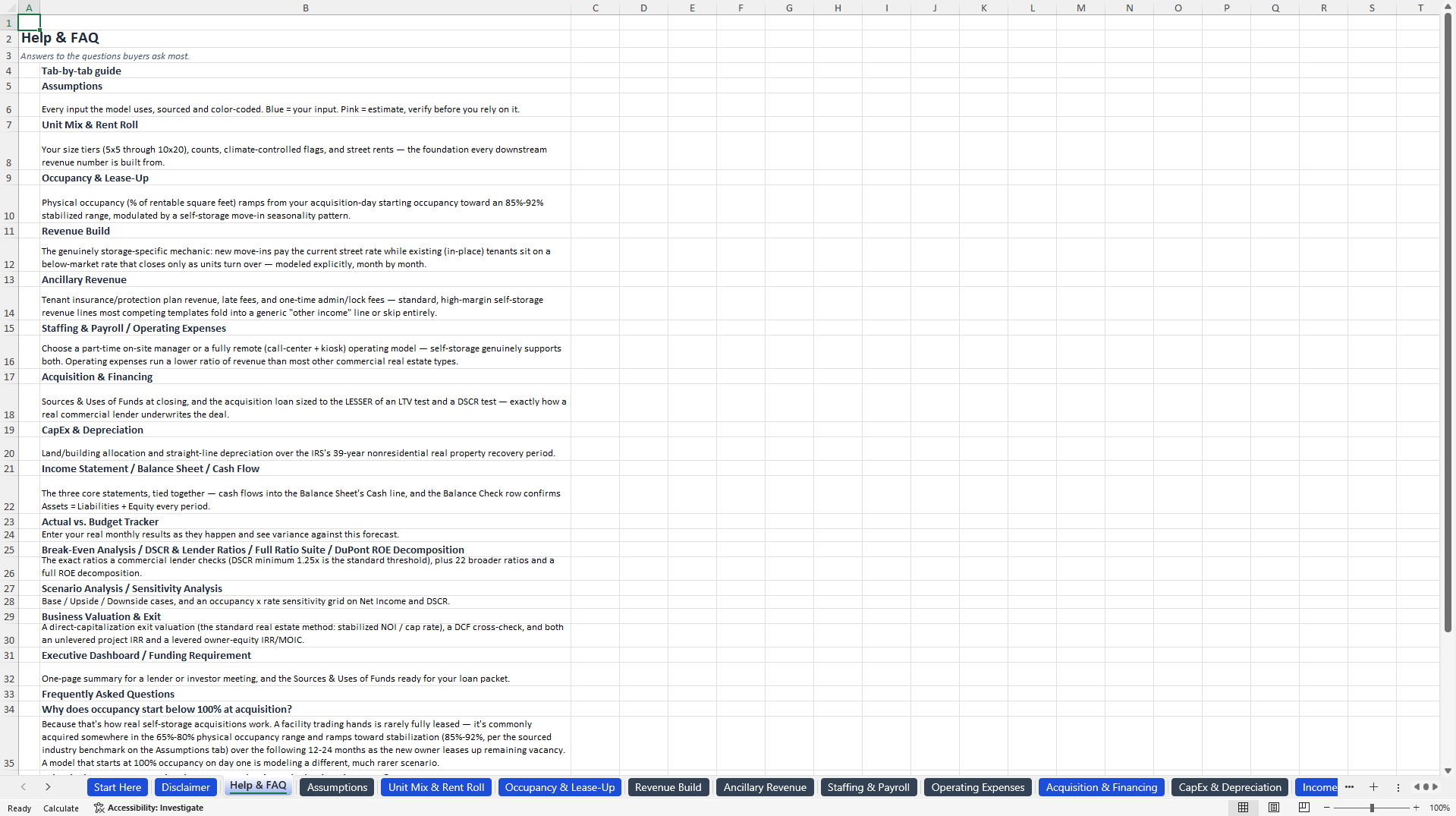 Self-Storage Facility Financial Model (Excel template (XLSX)) Preview Image