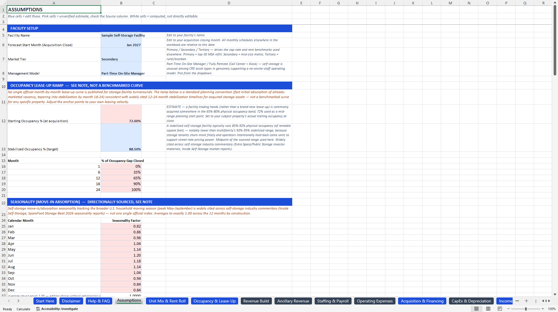 Self-Storage Facility Financial Model (Excel template (XLSX)) Preview Image