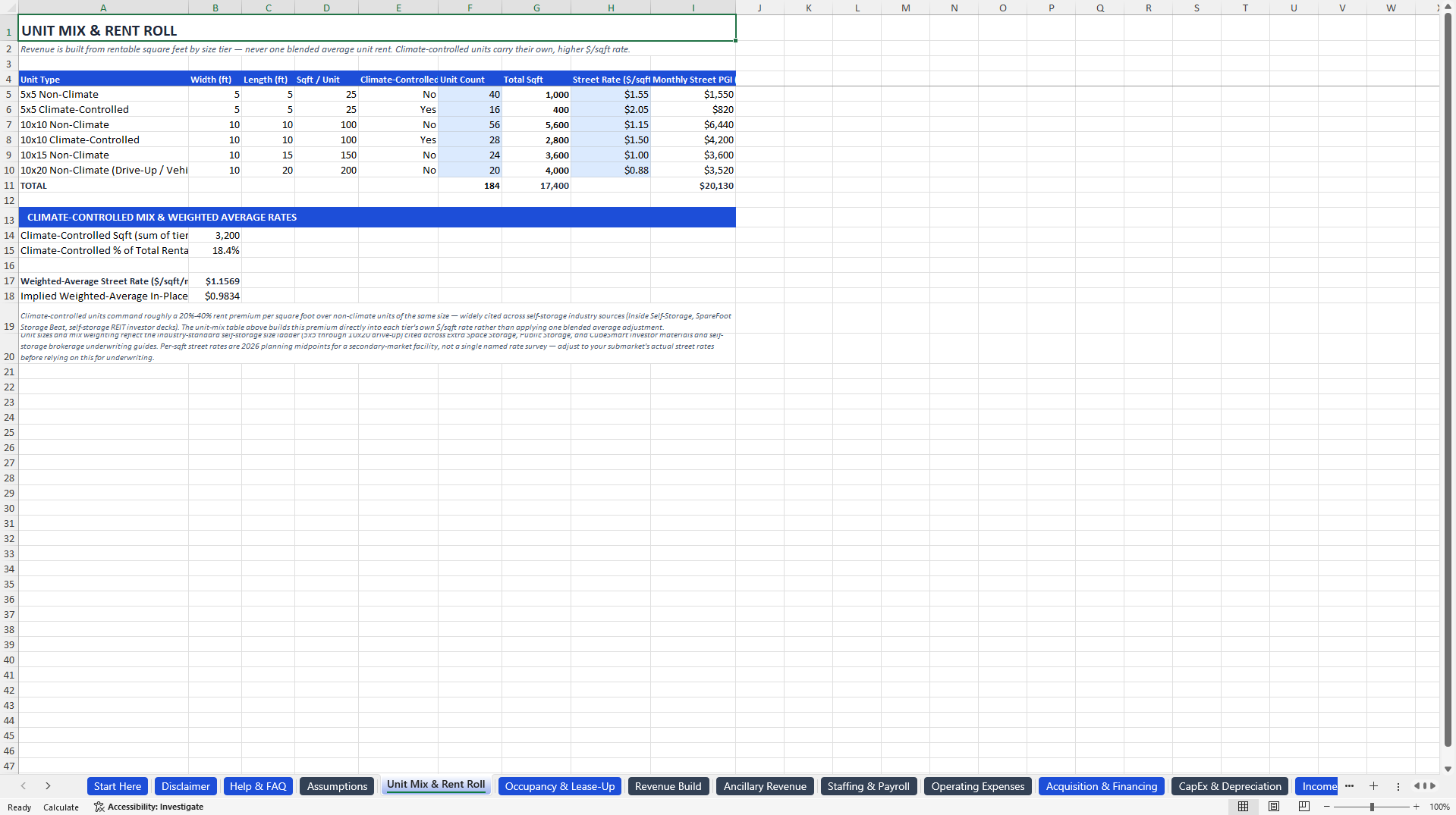 Self-Storage Facility Financial Model (Excel template (XLSX)) Preview Image