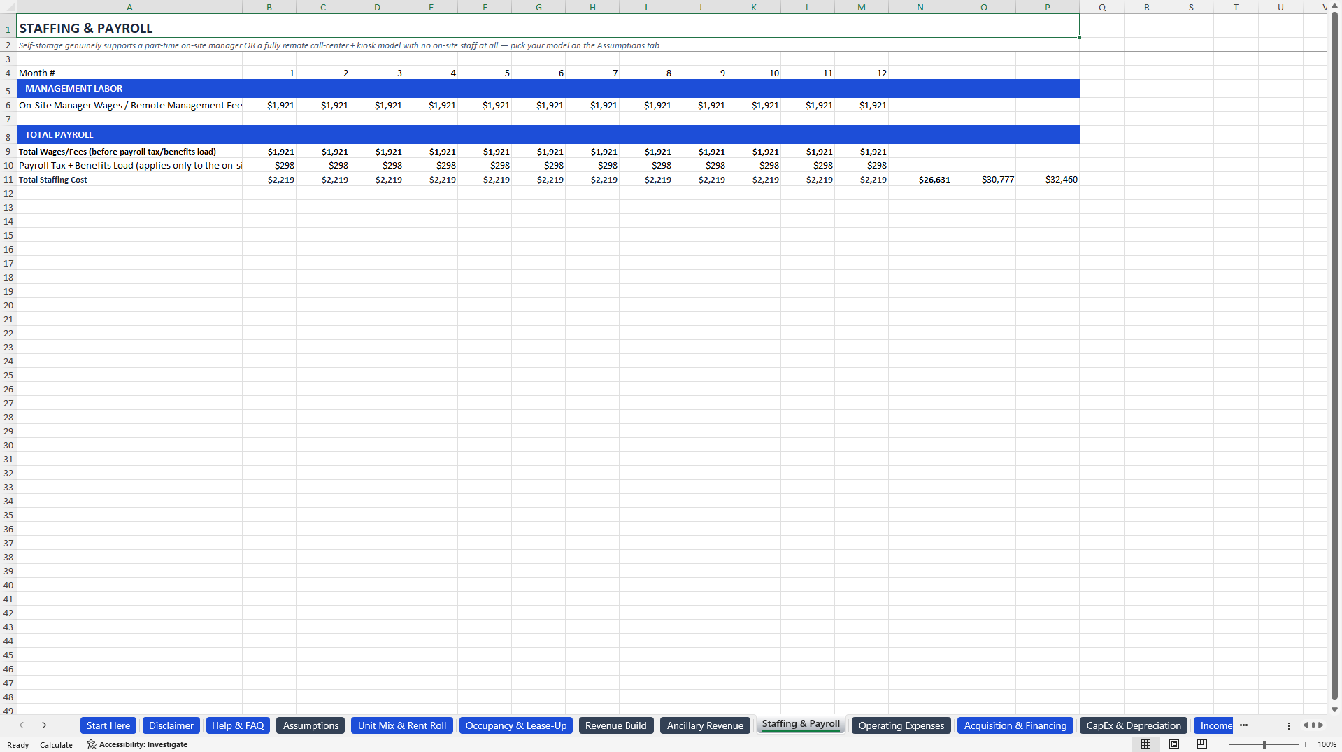 Self-Storage Facility Financial Model (Excel template (XLSX)) Preview Image