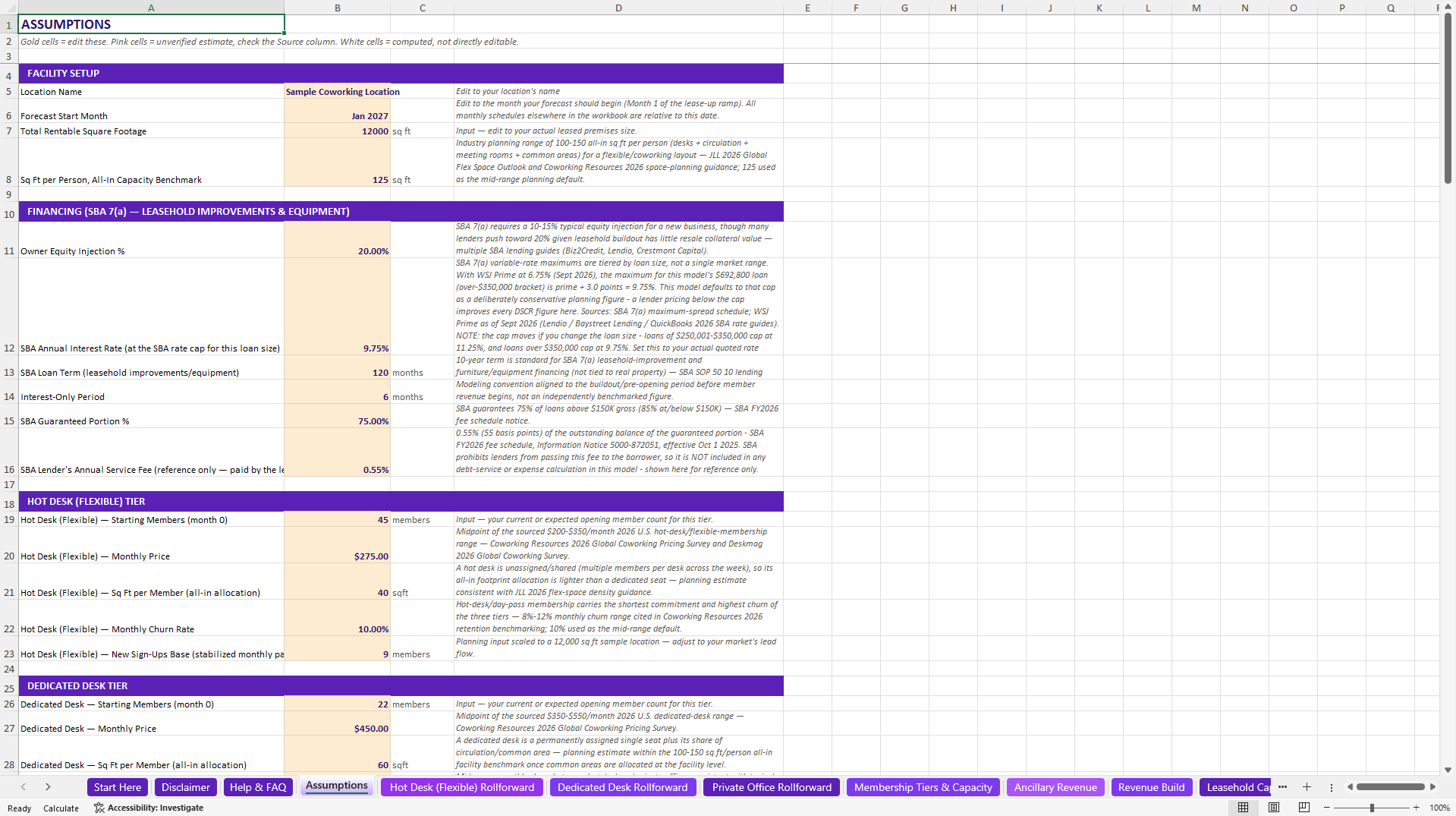 Coworking & Flex Office Financial Model (Excel template (XLSX)) Preview Image