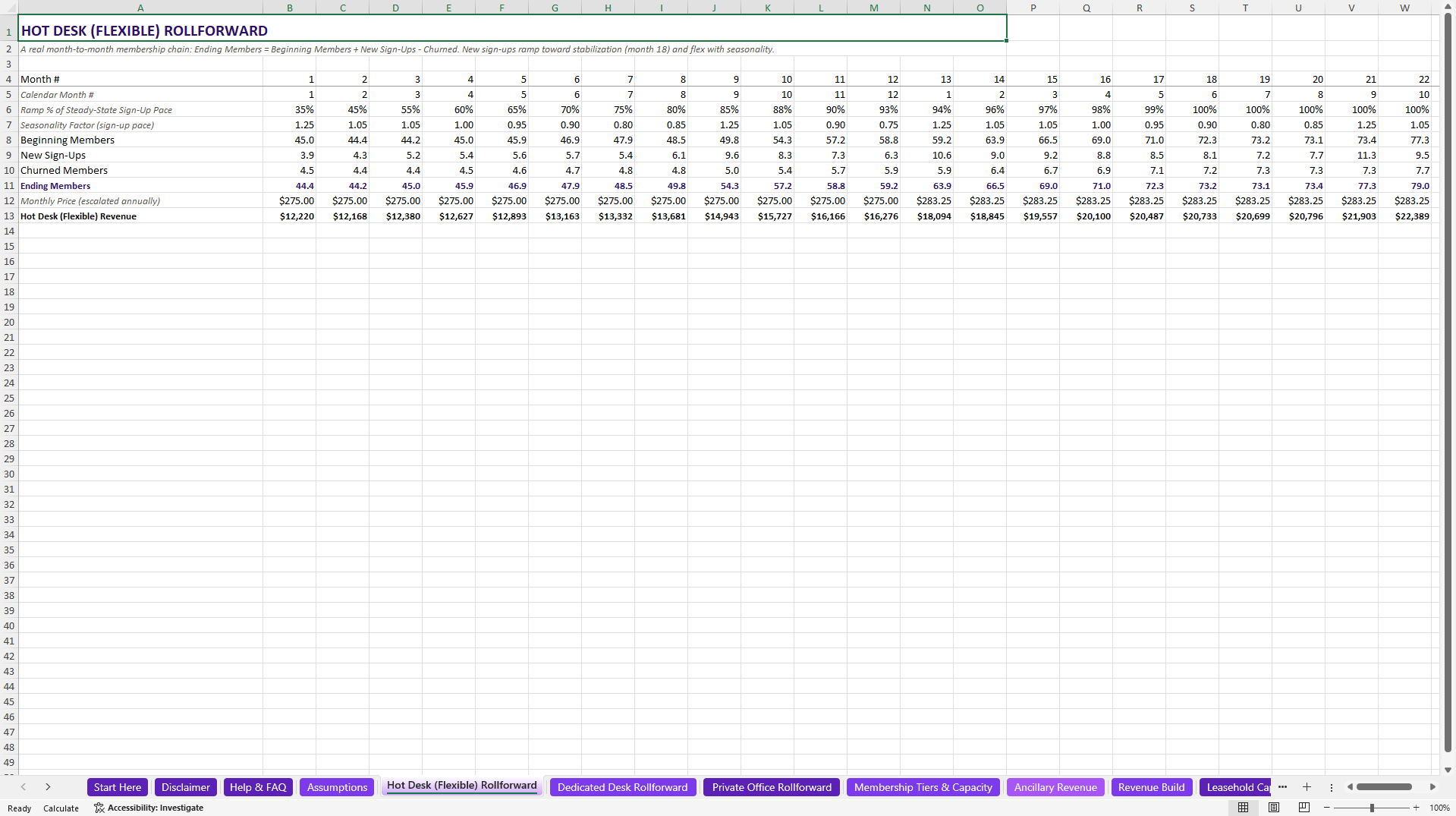 Coworking & Flex Office Financial Model (Excel template (XLSX)) Preview Image