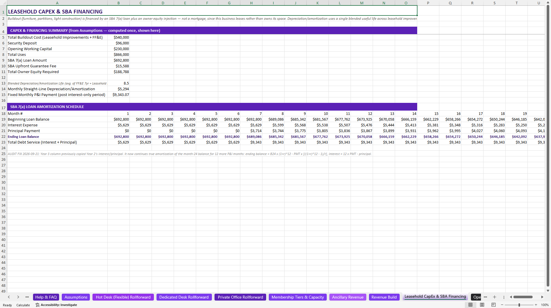 Coworking & Flex Office Financial Model (Excel template (XLSX)) Preview Image