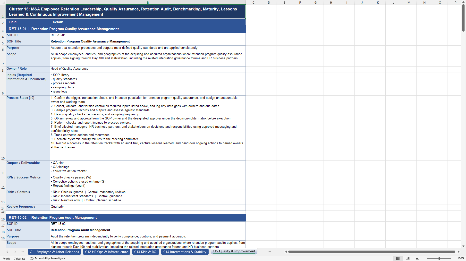 100+ M&A Employee Retention SOPs (Excel template (XLSX)) Preview Image