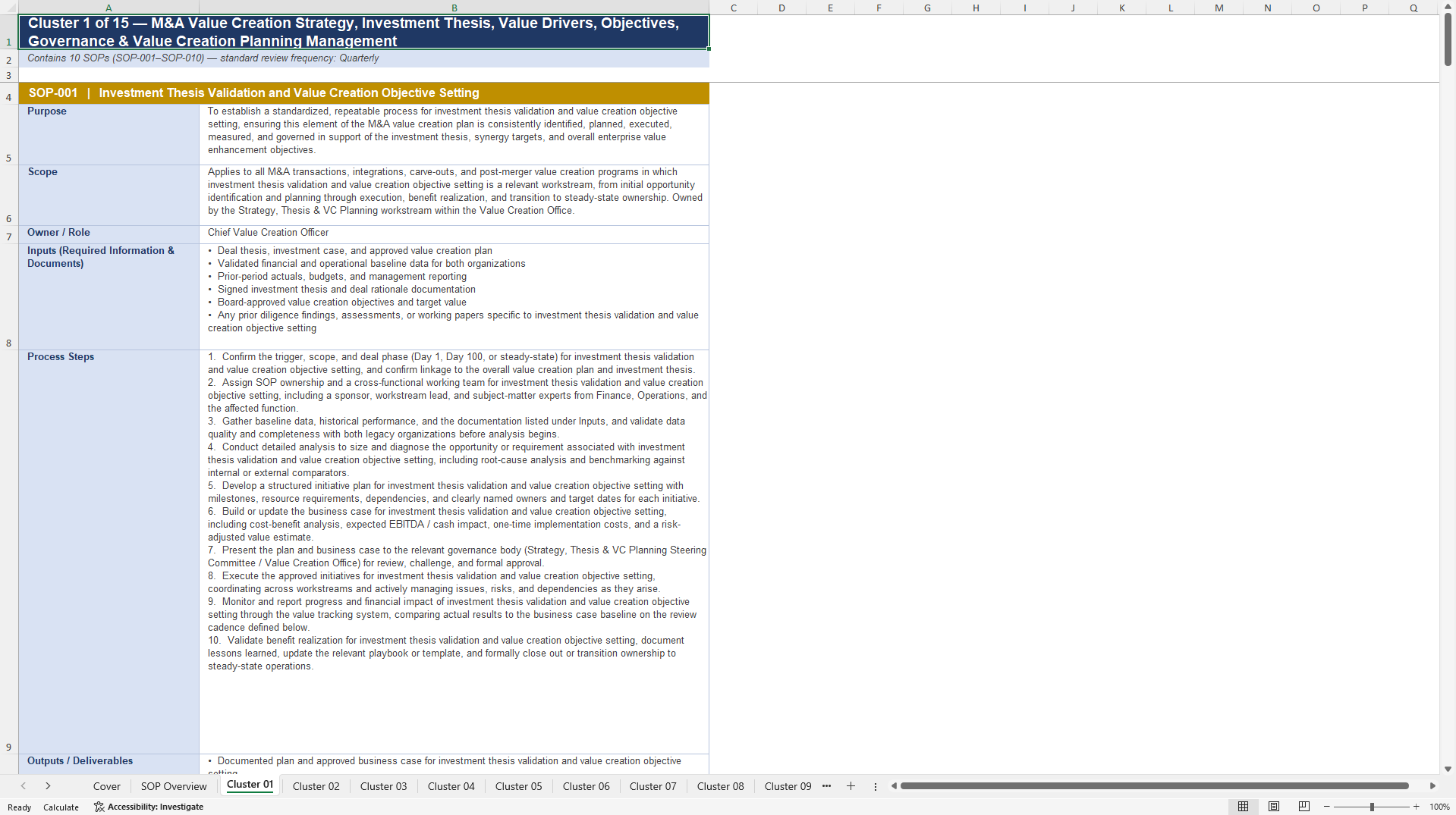 100+ M&A Value Creation SOPs (Excel template (XLSX)) Preview Image