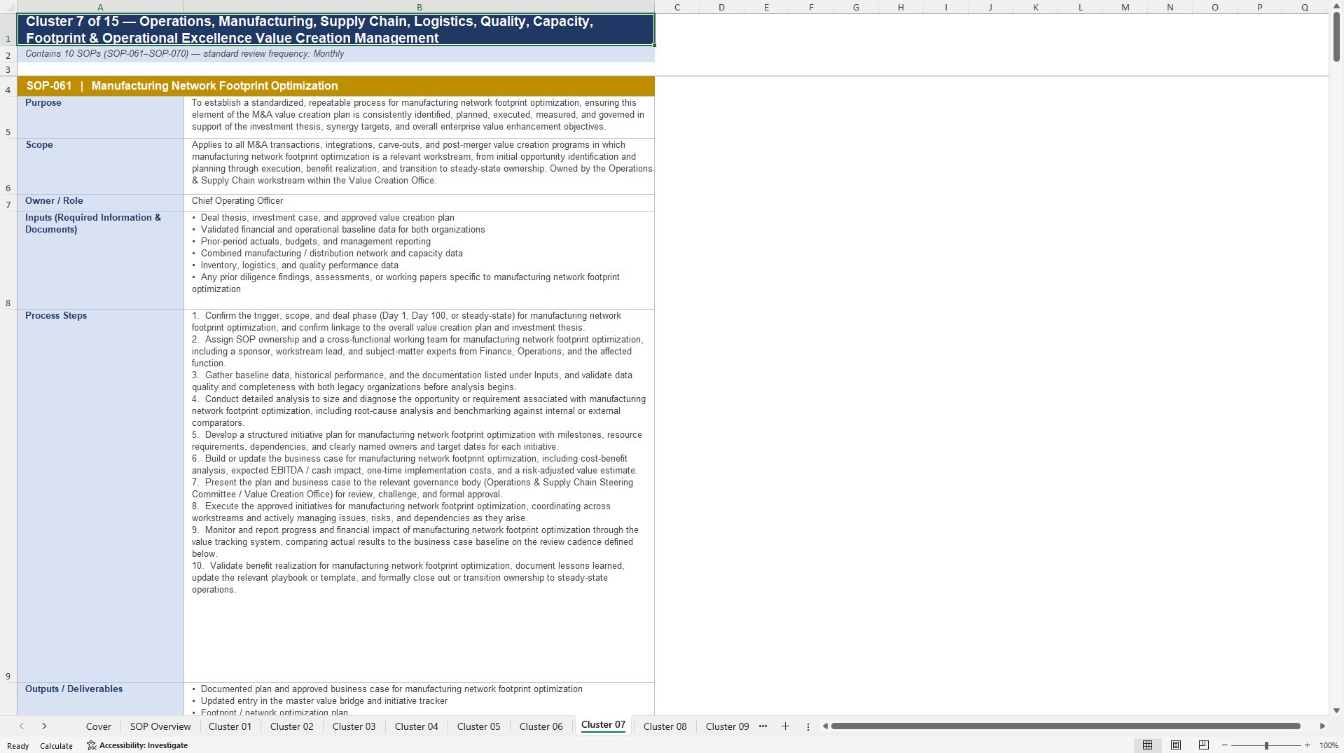 100+ M&A Value Creation SOPs (Excel template (XLSX)) Preview Image