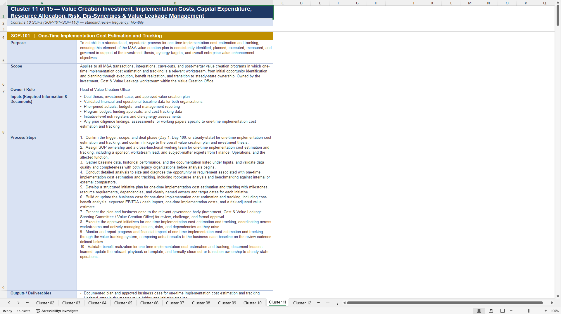 100+ M&A Value Creation SOPs (Excel template (XLSX)) Preview Image