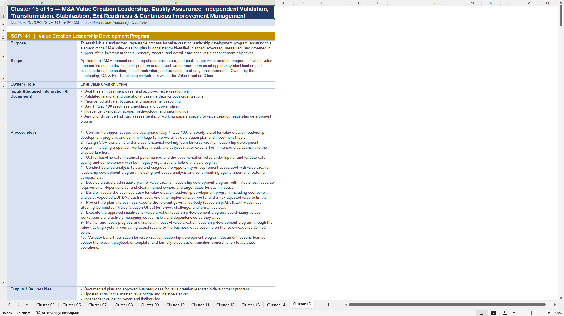 100+ M&A Value Creation SOPs (Excel template (XLSX)) Preview Image