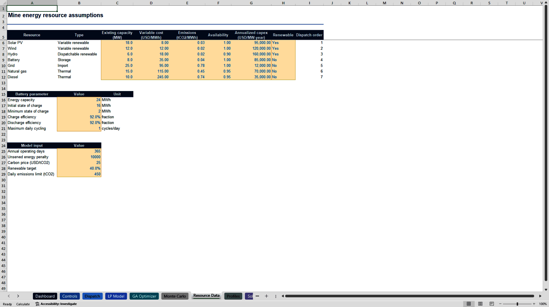Mine Energy Optimization Model (Excel template (XLSX)) Preview Image