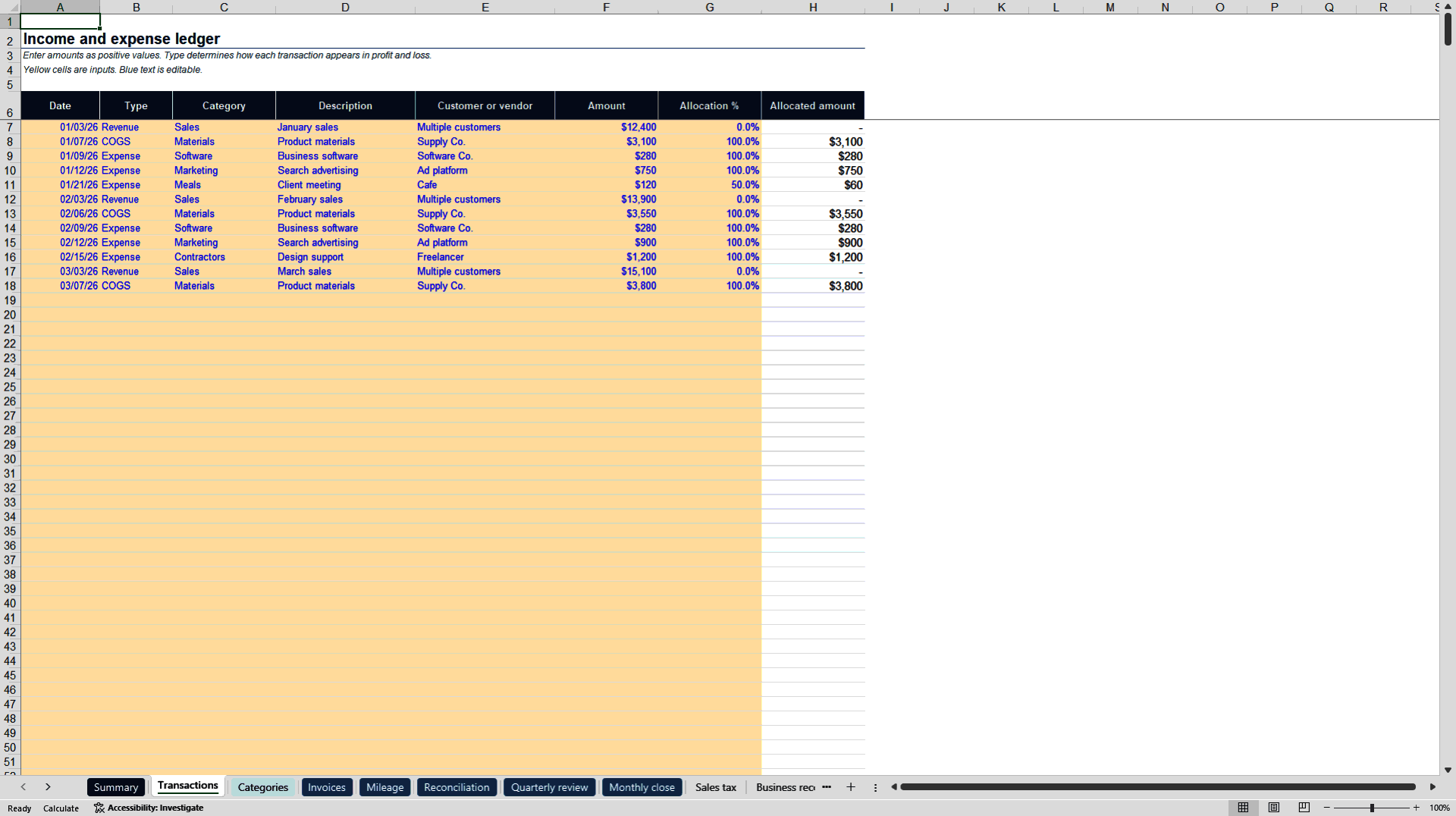 Small Business Bookkeeping (Excel template (XLSX)) Preview Image