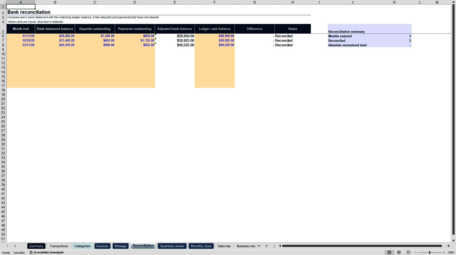 Small Business Bookkeeping (Excel template (XLSX)) Preview Image