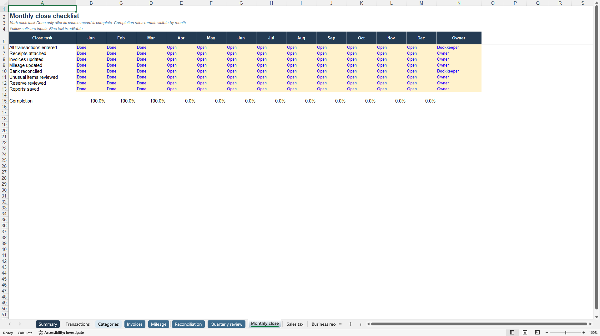 Small Business Bookkeeping (Excel template (XLSX)) Preview Image