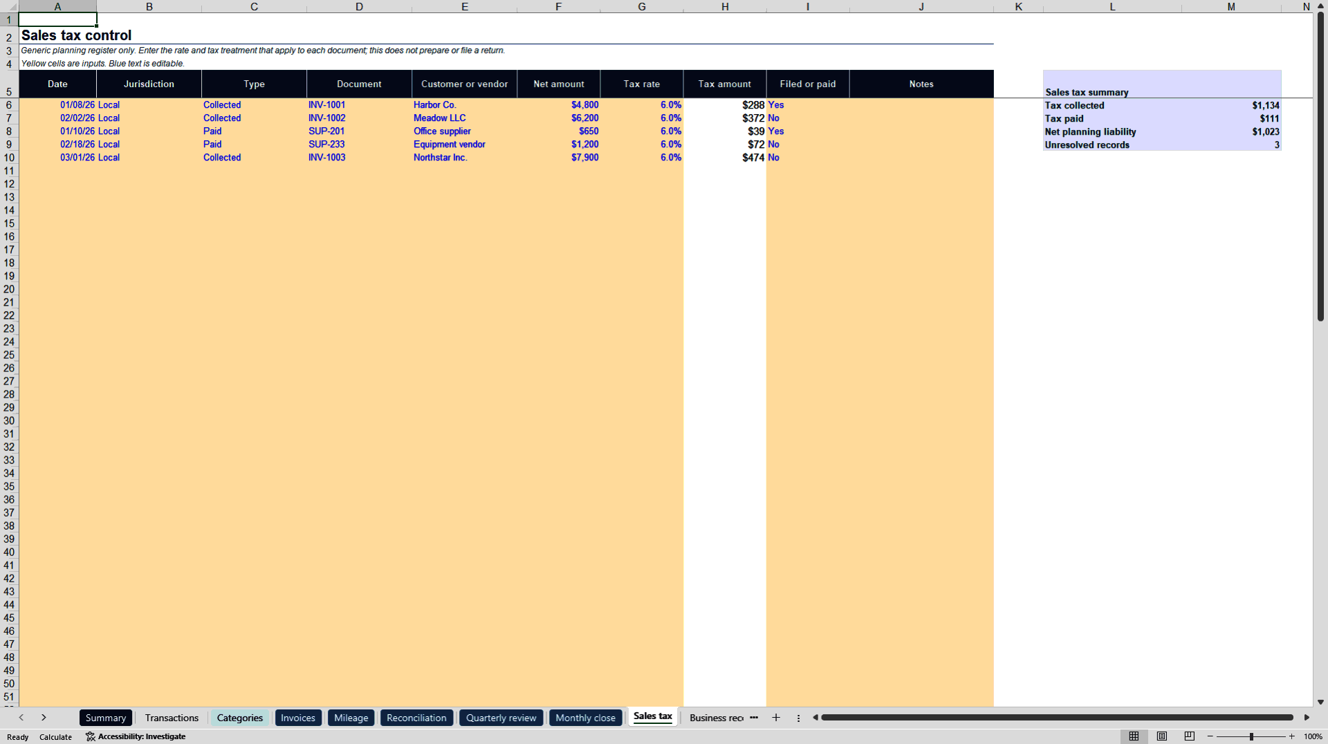 Small Business Bookkeeping (Excel template (XLSX)) Preview Image