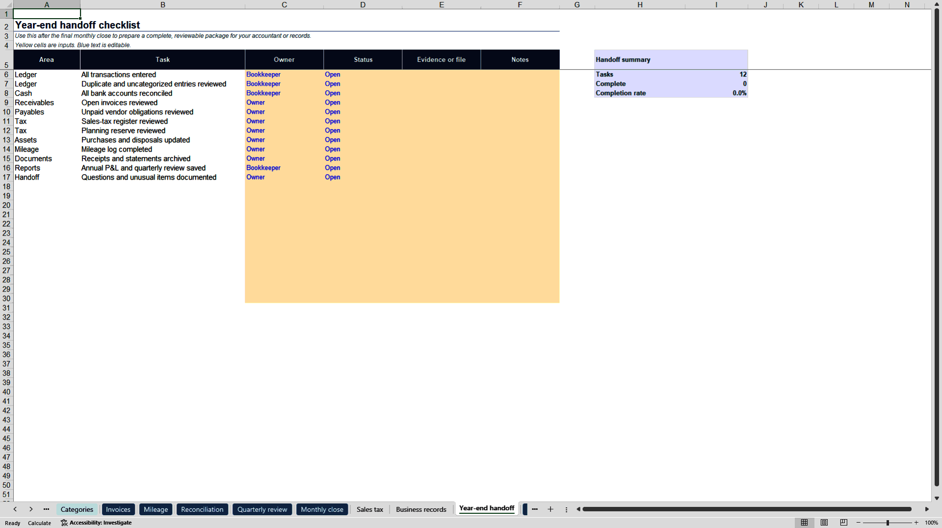 Small Business Bookkeeping (Excel template (XLSX)) Preview Image