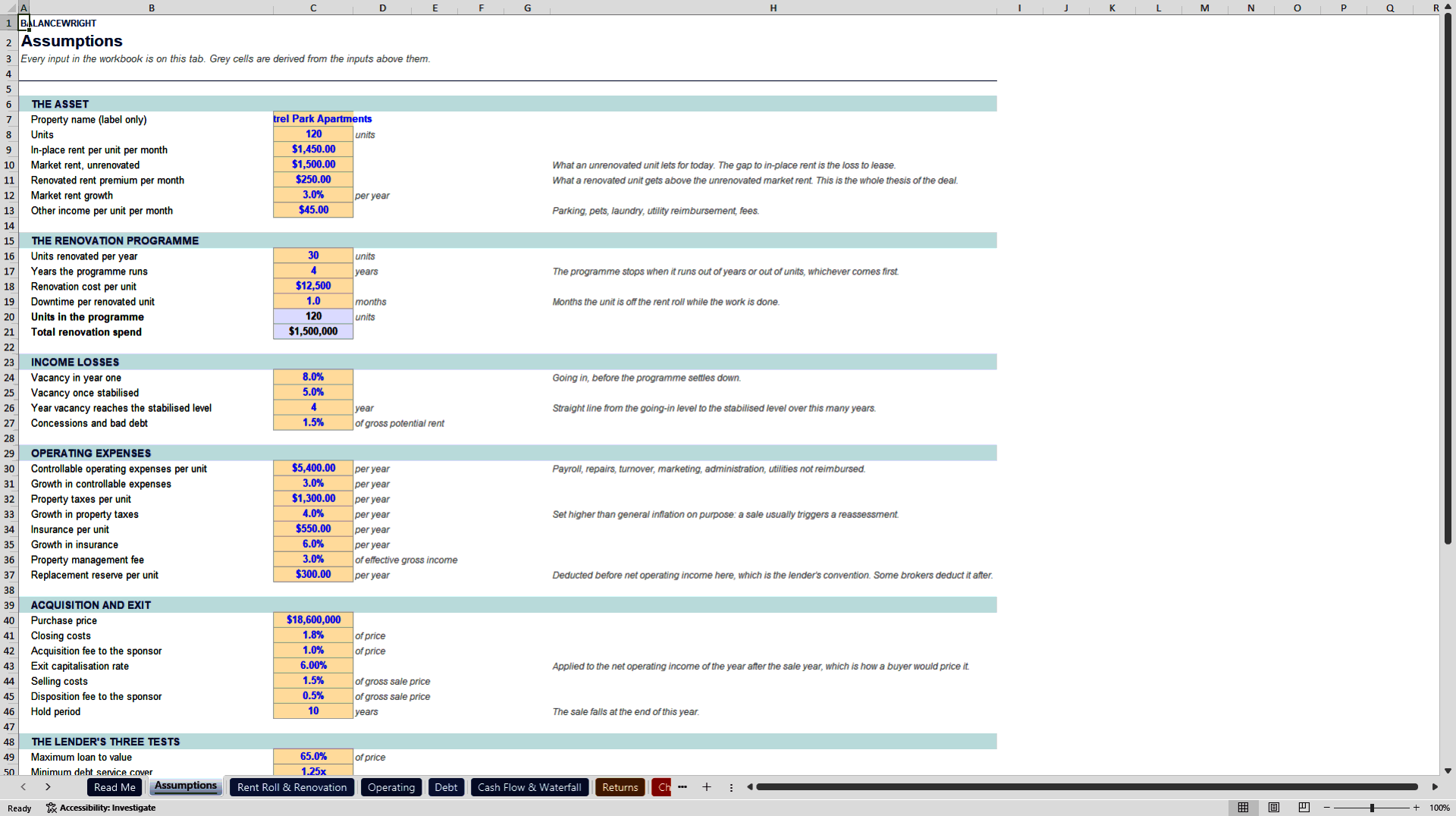 Multifamily Value-Add Apartment Acquisition & DSCR Model (Excel template (XLSX)) Preview Image