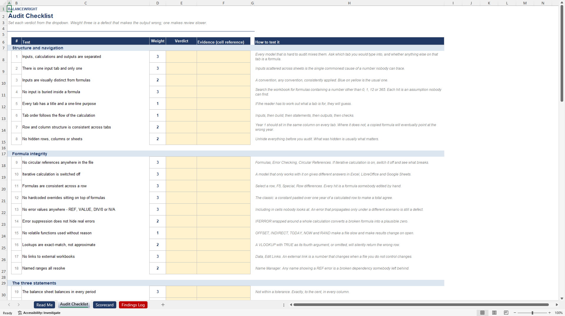 Financial Model Audit Checklist: 61 Tests, Score & Grade (Excel template (XLSX)) Preview Image