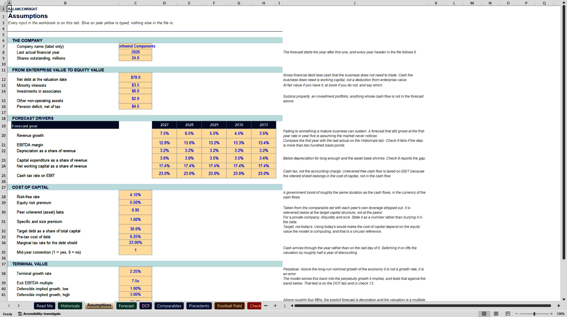 Business Valuation Model: DCF, Comps & Football Field (Excel template (XLSX)) Preview Image